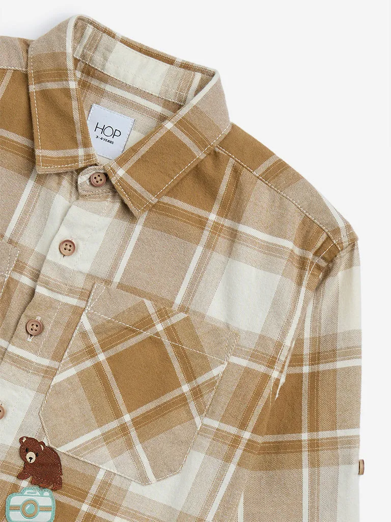 HOP Kids Beige Checkered Cotton Shirt