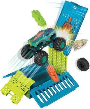Hot Wheels Monster Trucks 1:24 Mega-Wrex Oversized Crash Cage, Transforms Into Stunting Area, with 1 Oversized Mega Wrex, 4 Crushable Accessories
