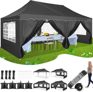 HOTEEL 10x20 Pop Up Canopy Tents for Parties, Outdoor Tent with 6 Sidewalls & Wheeled Bag & 4 Sandbags, Easy Setup for Wedding, Patio Events, Commercial, Party -Waterproof and UV50  Protection, Black