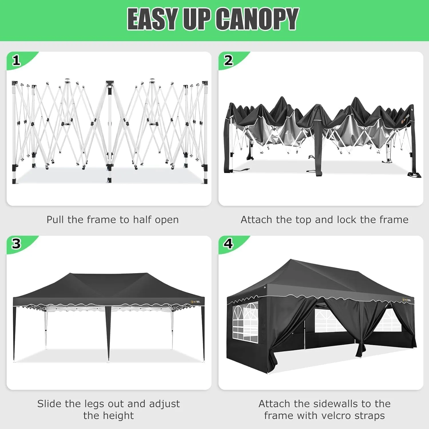 HOTEEL 10x20 Pop Up Canopy Tents for Parties, Outdoor Tent with 6 Sidewalls & Wheeled Bag & 4 Sandbags, Easy Setup for Wedding, Patio Events, Commercial, Party -Waterproof and UV50  Protection, Black