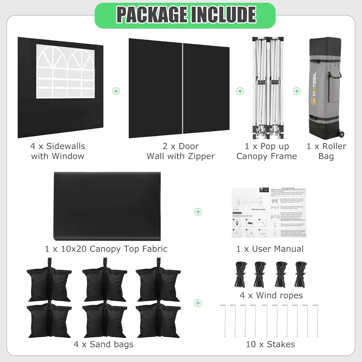 HOTEEL 10x20 Pop Up Canopy Tents for Parties, Outdoor Tent with 6 Sidewalls & Wheeled Bag & 4 Sandbags, Easy Setup for Wedding, Patio Events, Commercial, Party -Waterproof and UV50  Protection, Black