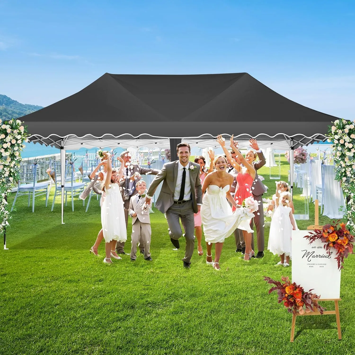 HOTEEL 10x20 Pop Up Canopy Tents for Parties, Outdoor Tent with 6 Sidewalls & Wheeled Bag & 4 Sandbags, Easy Setup for Wedding, Patio Events, Commercial, Party -Waterproof and UV50  Protection, Black