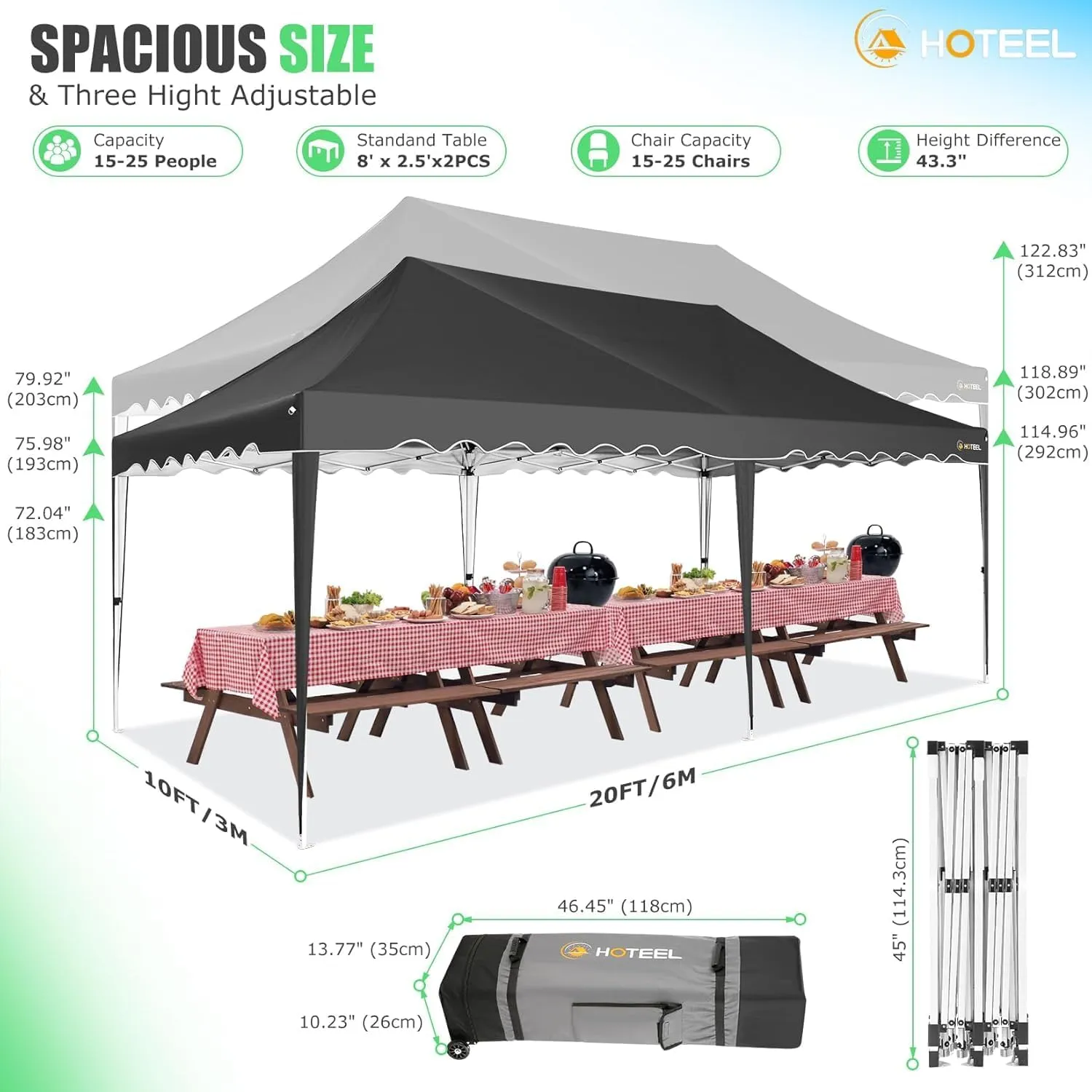 HOTEEL 10x20 Pop Up Canopy Tents for Parties, Outdoor Tent with 6 Sidewalls & Wheeled Bag & 4 Sandbags, Easy Setup for Wedding, Patio Events, Commercial, Party -Waterproof and UV50  Protection, Black