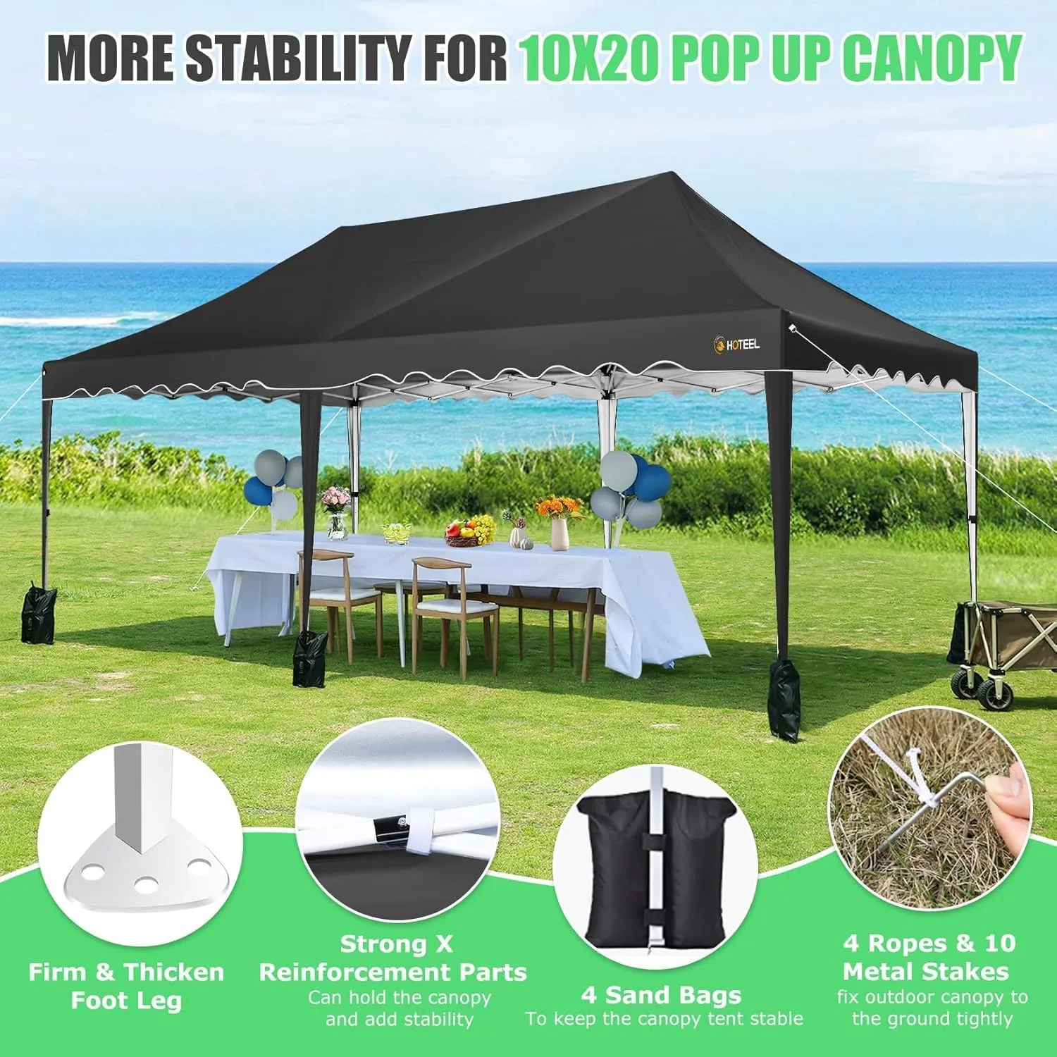 HOTEEL 10x20 Pop Up Canopy Tents for Parties, Outdoor Tent with 6 Sidewalls & Wheeled Bag & 4 Sandbags, Easy Setup for Wedding, Patio Events, Commercial, Party -Waterproof and UV50  Protection, Black