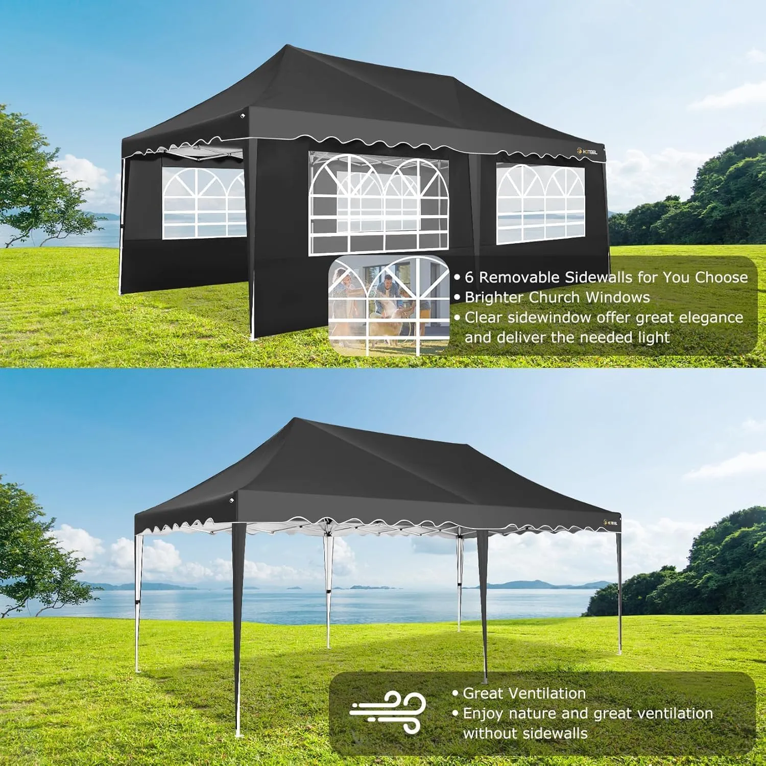 HOTEEL 10x20 Pop Up Canopy Tents for Parties, Outdoor Tent with 6 Sidewalls & Wheeled Bag & 4 Sandbags, Easy Setup for Wedding, Patio Events, Commercial, Party -Waterproof and UV50  Protection, Black