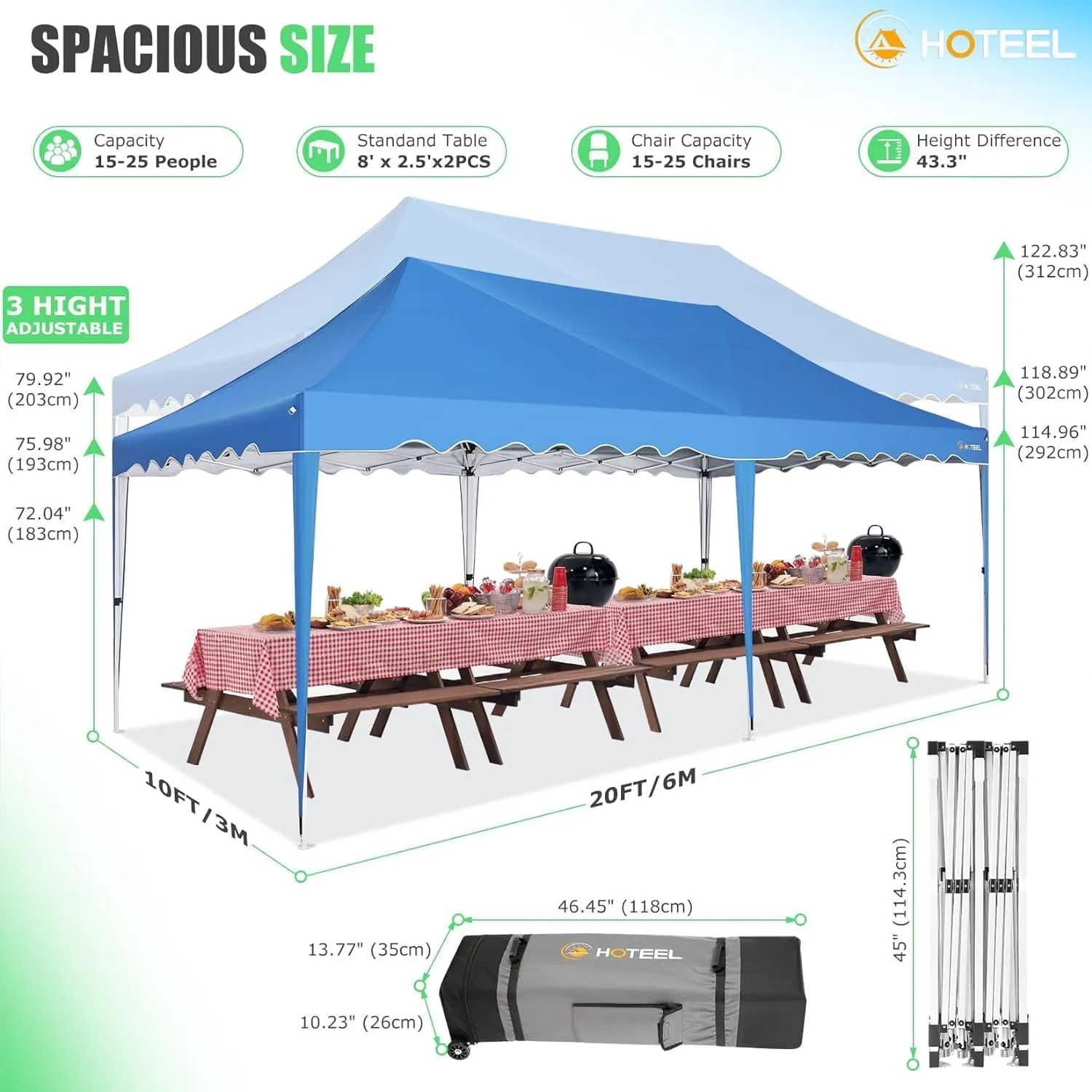 HOTEEL 10x20 Pop Up Canopy Tents for Parties, Outdoor Tent with 6 Sidewalls & Wheeled Bag & 4 Sandbags, Easy Setup for Wedding, Patio Events, Commercial, Party -Waterproof and UV50  Protection, Blue