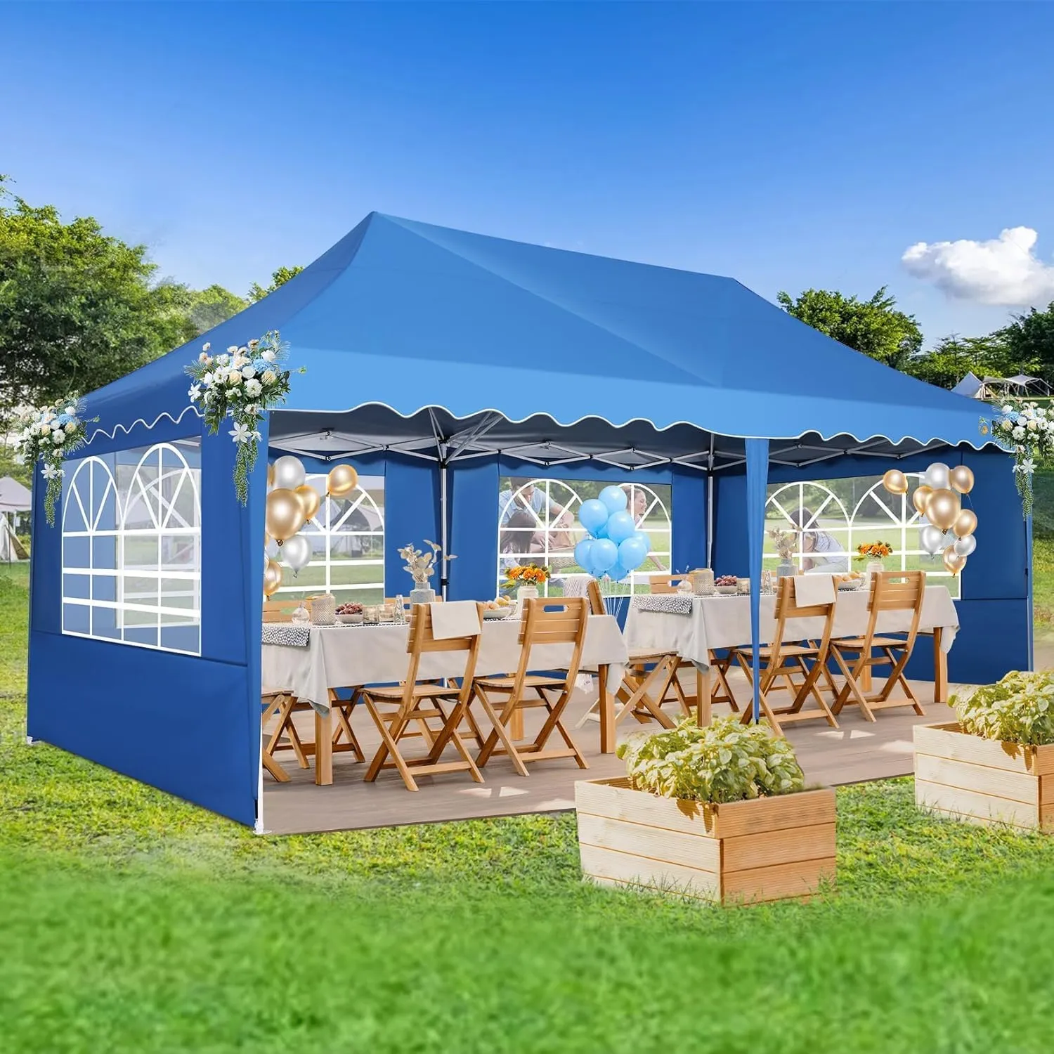 HOTEEL 10x20 Pop Up Canopy Tents for Parties, Outdoor Tent with 6 Sidewalls & Wheeled Bag & 4 Sandbags, Easy Setup for Wedding, Patio Events, Commercial, Party -Waterproof and UV50  Protection, Blue