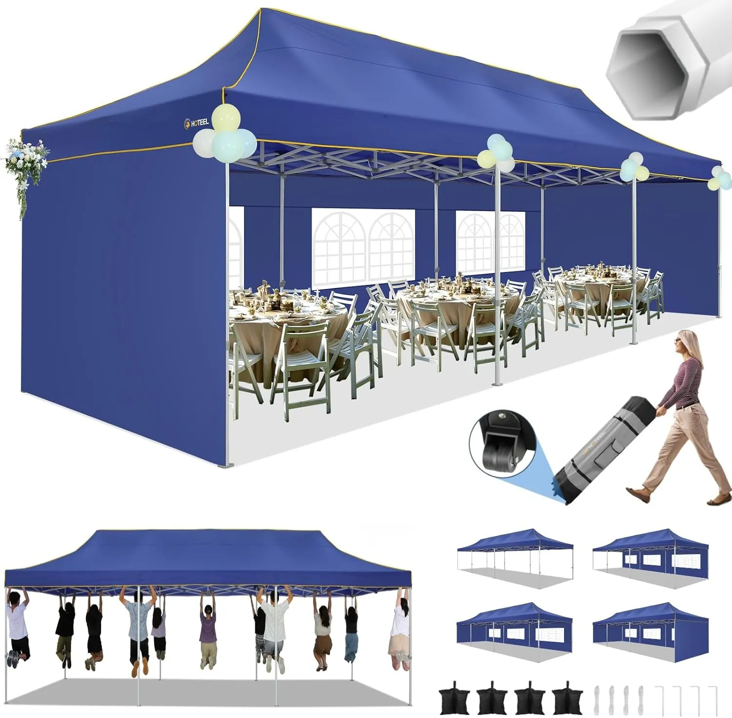 HOTEEL Tents for Parties 10x30 Heavy Duty Pop Up Canopy Tent with 5 Sidewalls&Wheeled Bag, Commercial Event Party Tent Wedding Instant Canopy Waterproof, UV 50 , Upgrade Thick Hexagonal Leg, Deep Blue