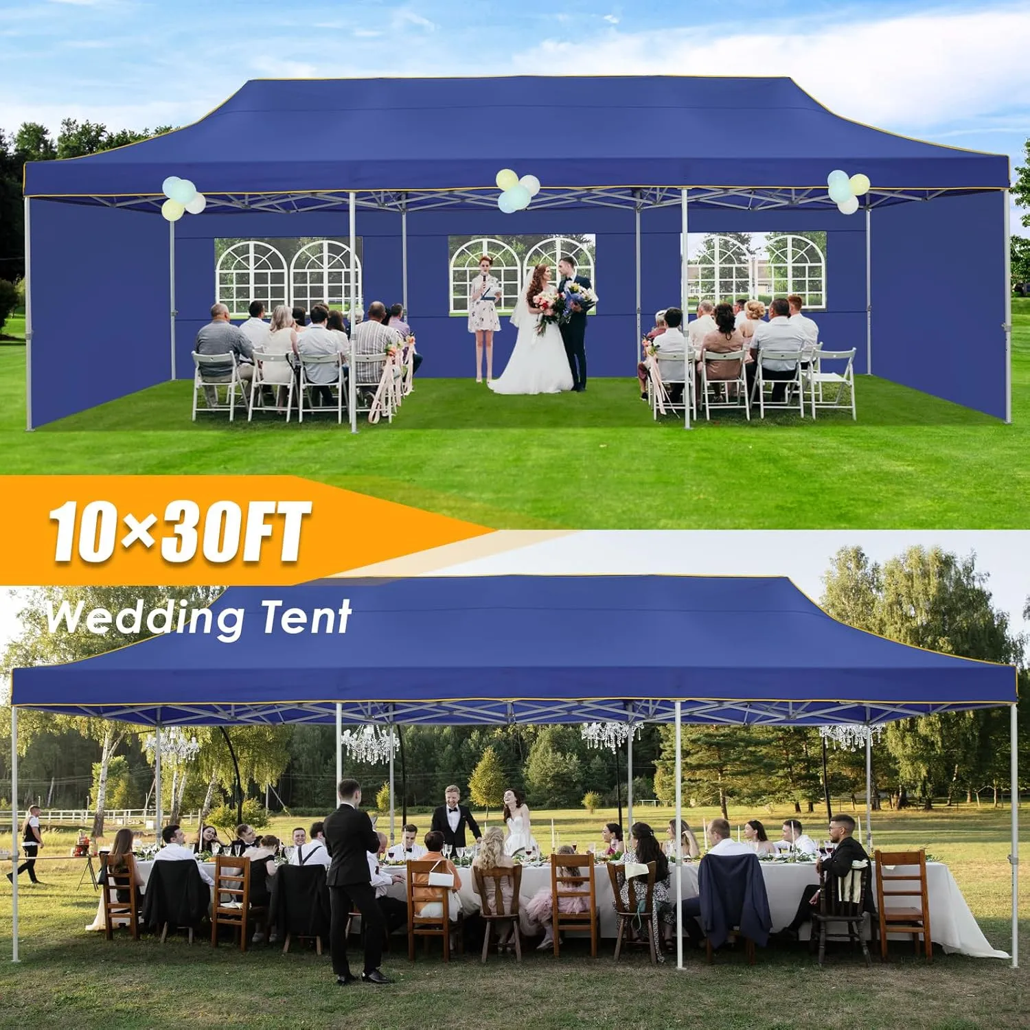 HOTEEL Tents for Parties 10x30 Heavy Duty Pop Up Canopy Tent with 5 Sidewalls&Wheeled Bag, Commercial Event Party Tent Wedding Instant Canopy Waterproof, UV 50 , Upgrade Thick Hexagonal Leg, Deep Blue