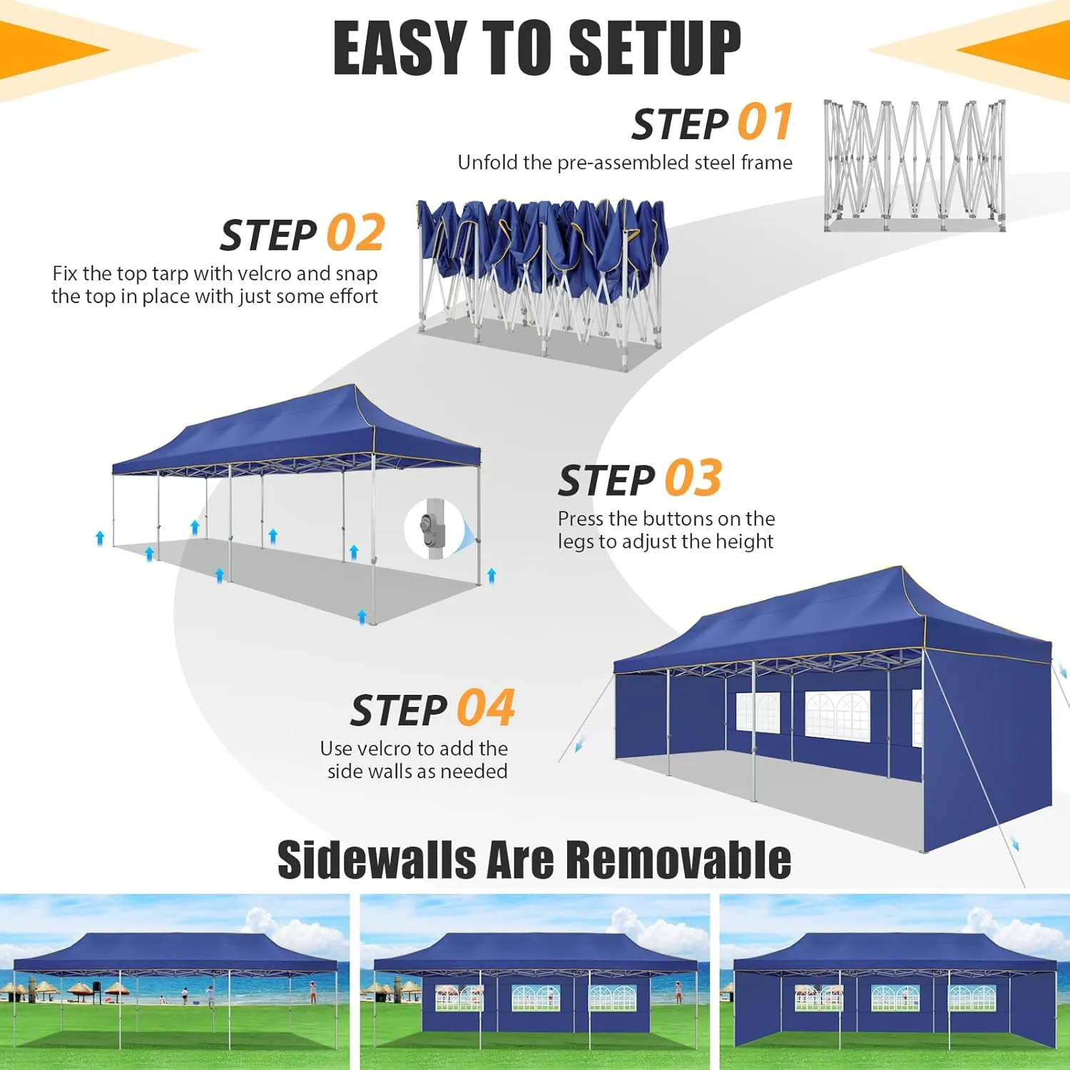 HOTEEL Tents for Parties 10x30 Heavy Duty Pop Up Canopy Tent with 5 Sidewalls&Wheeled Bag, Commercial Event Party Tent Wedding Instant Canopy Waterproof, UV 50 , Upgrade Thick Hexagonal Leg, Deep Blue