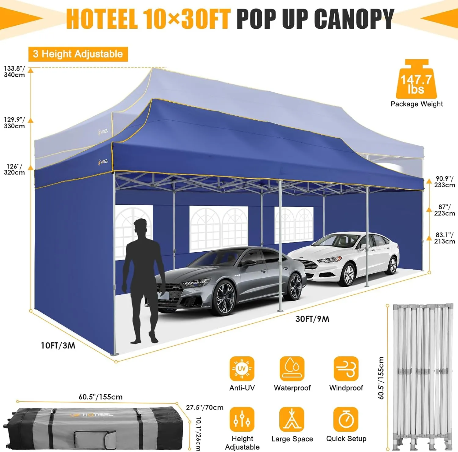 HOTEEL Tents for Parties 10x30 Heavy Duty Pop Up Canopy Tent with 5 Sidewalls&Wheeled Bag, Commercial Event Party Tent Wedding Instant Canopy Waterproof, UV 50 , Upgrade Thick Hexagonal Leg, Deep Blue