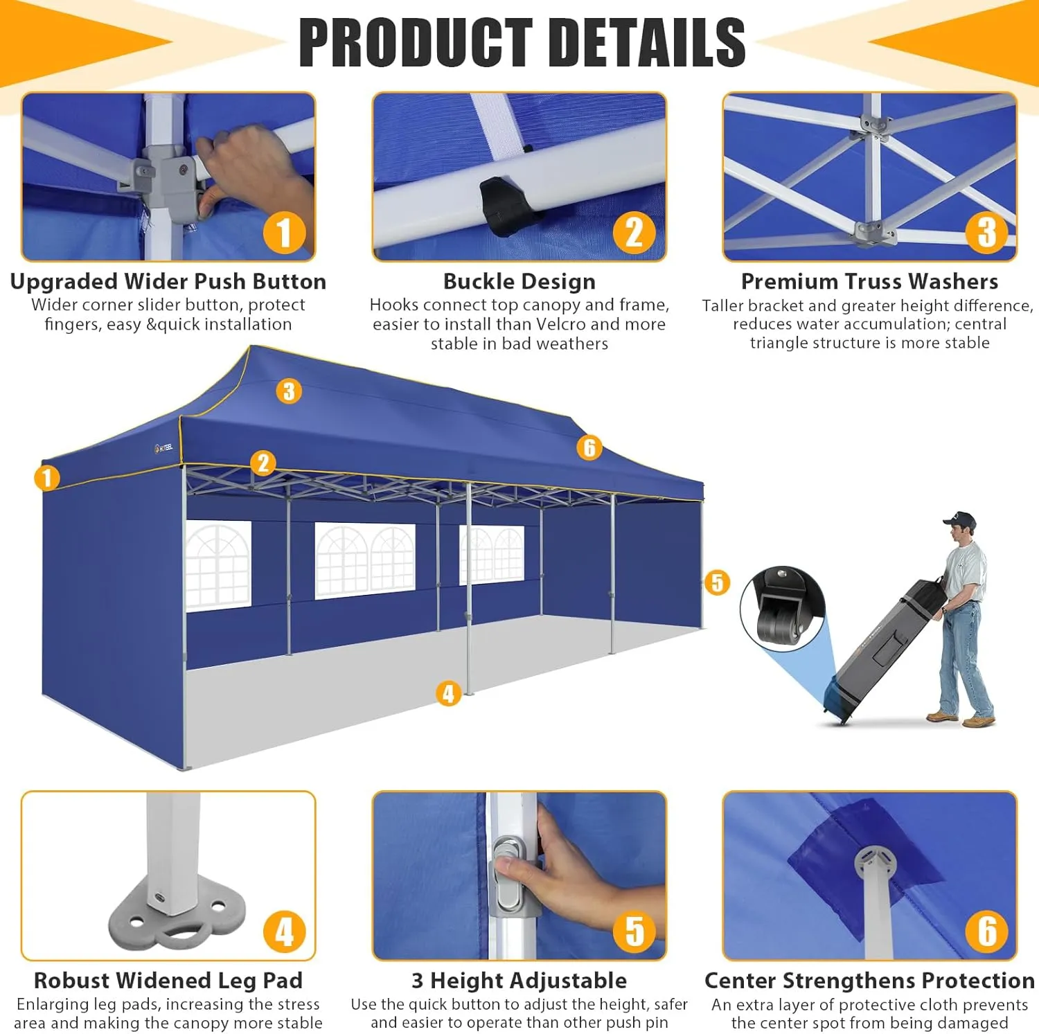 HOTEEL Tents for Parties 10x30 Heavy Duty Pop Up Canopy Tent with 5 Sidewalls&Wheeled Bag, Commercial Event Party Tent Wedding Instant Canopy Waterproof, UV 50 , Upgrade Thick Hexagonal Leg, Deep Blue