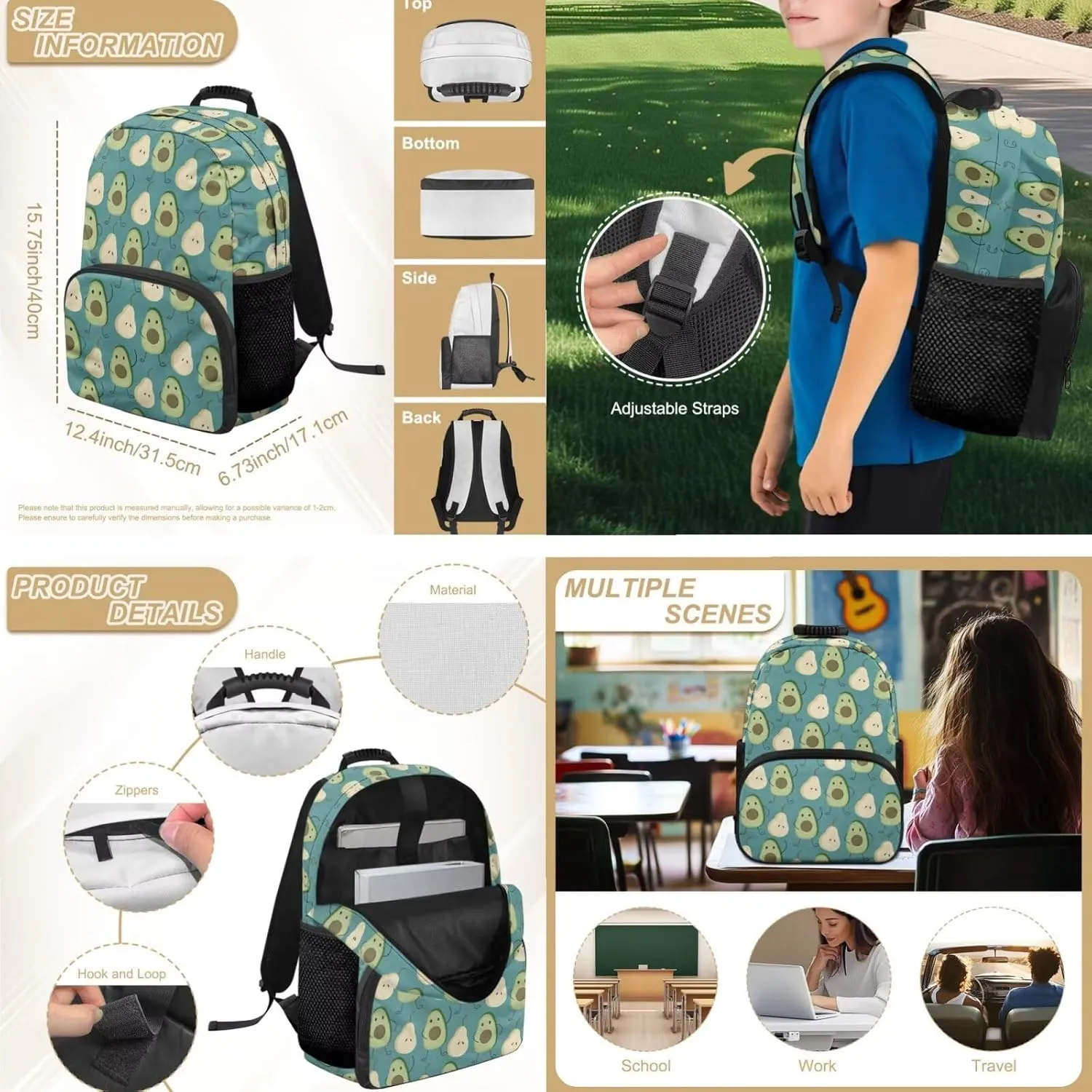 HUGS IDEA Avocado Print Preschool Backpack for Boys Cute Little Kids Backpack for Boys Toddler School Bag Fits 3 to 6 Years Old 15 Inch Bookbag with Lunchbox Lightweight School Book Bags