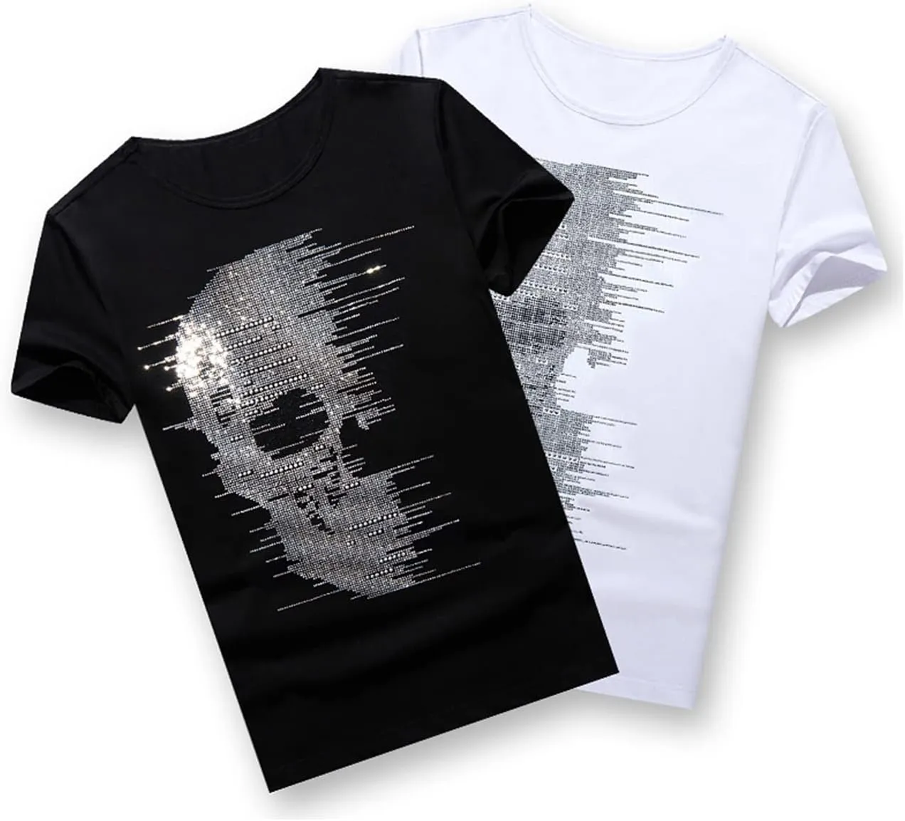 HZCX FASHION Mens Rhinestone Skull Graphic Shirt Round Collar Short Sleeve Tees