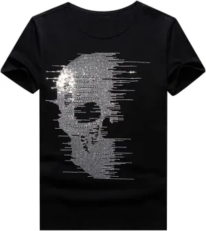 HZCX FASHION Mens Rhinestone Skull Graphic Shirt Round Collar Short Sleeve Tees