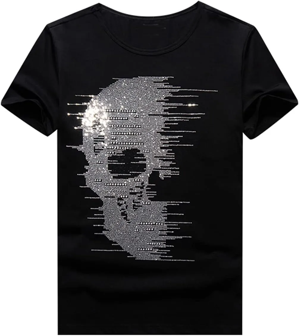 HZCX FASHION Mens Rhinestone Skull Graphic Shirt Round Collar Short Sleeve Tees