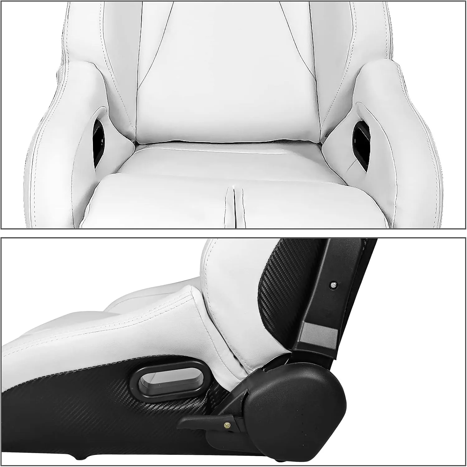 IKON MOTORSPORTS, Universal Racing Seats Pair with Dual Sliders, White PU & Carbon Leather Reclinable Left Right