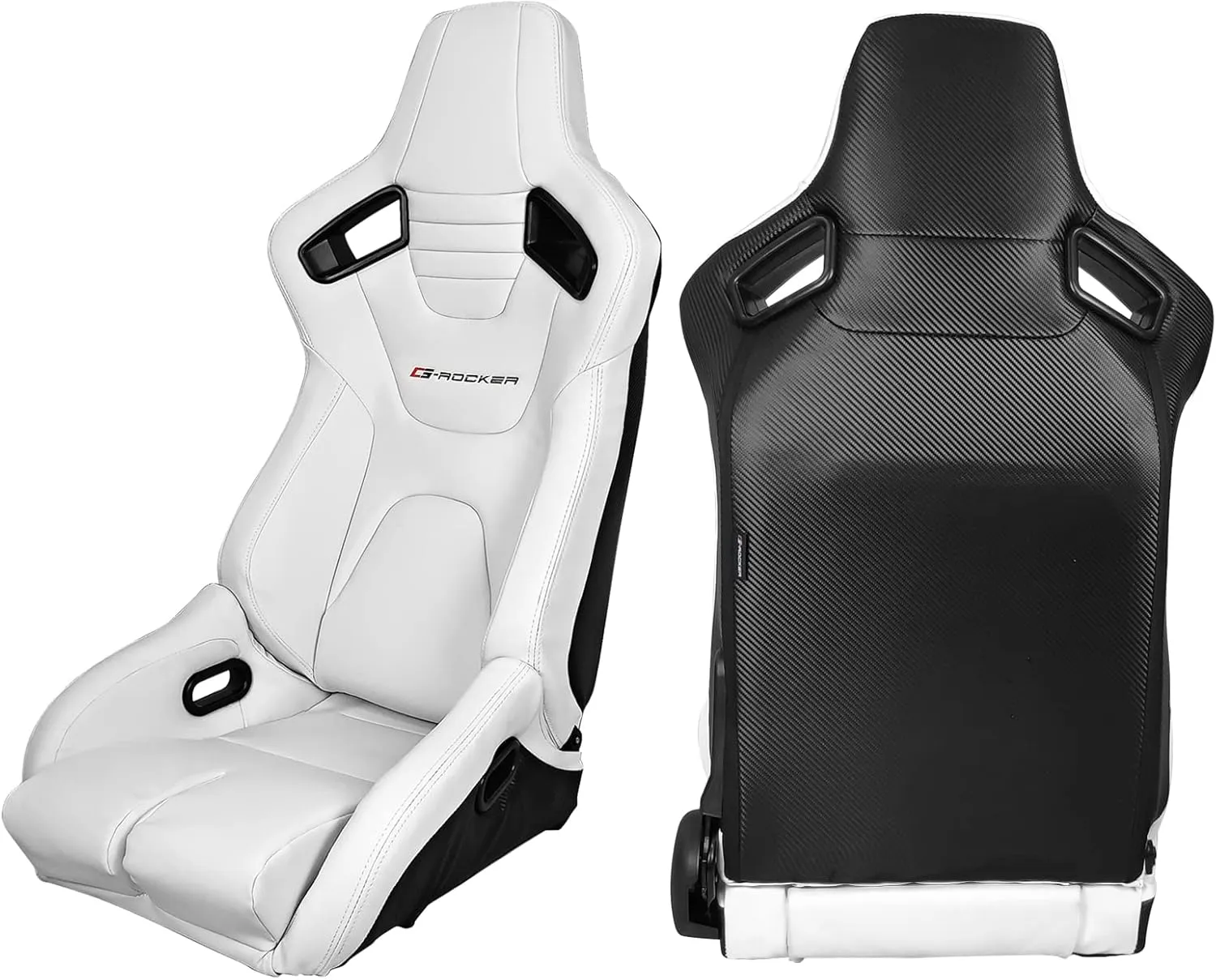 IKON MOTORSPORTS, Universal Racing Seats Pair with Dual Sliders, White PU & Carbon Leather Reclinable Left Right