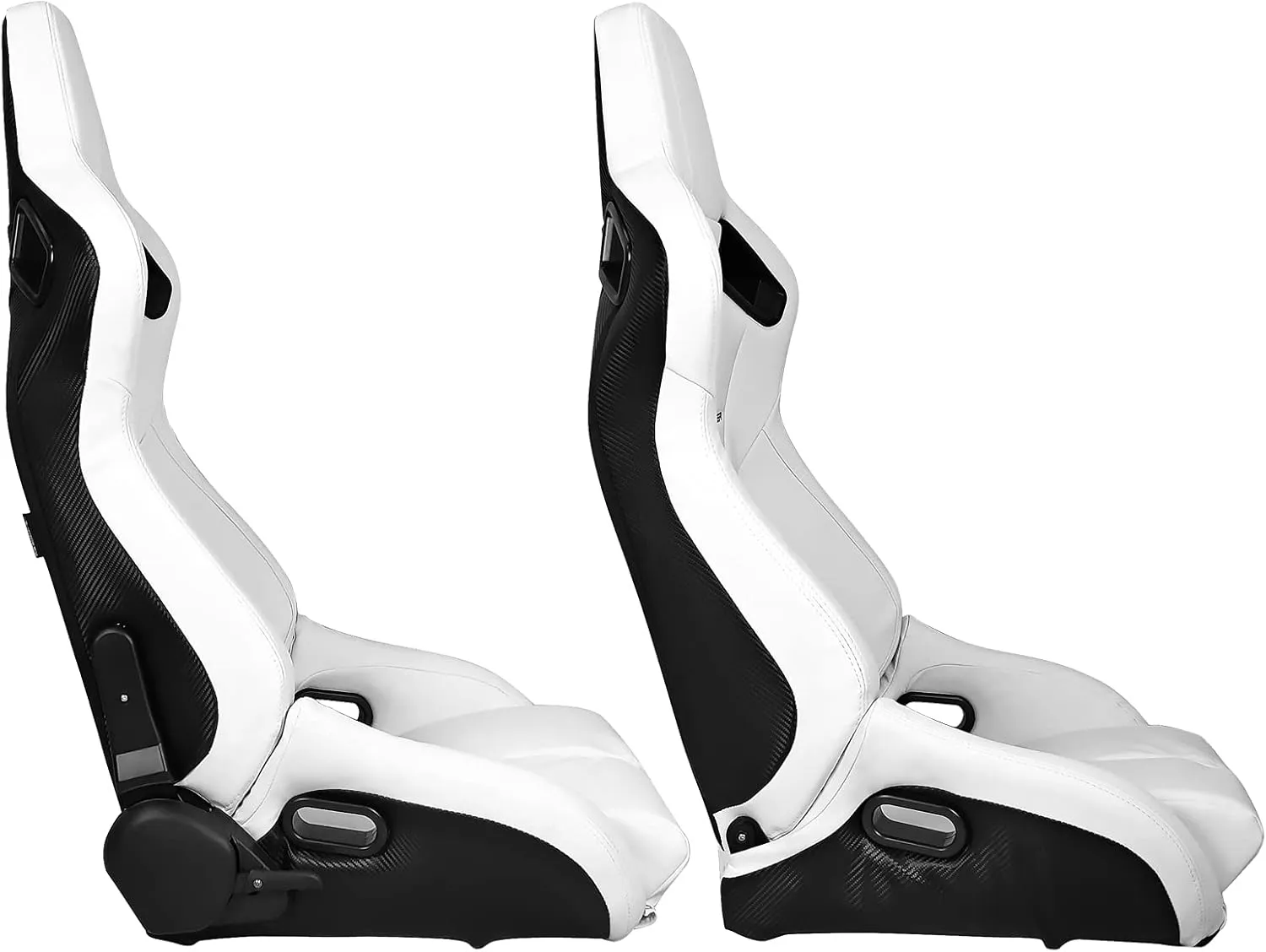IKON MOTORSPORTS, Universal Racing Seats Pair with Dual Sliders, White PU & Carbon Leather Reclinable Left Right