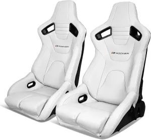 IKON MOTORSPORTS, Universal Racing Seats Pair with Dual Sliders, White PU & Carbon Leather Reclinable Left Right