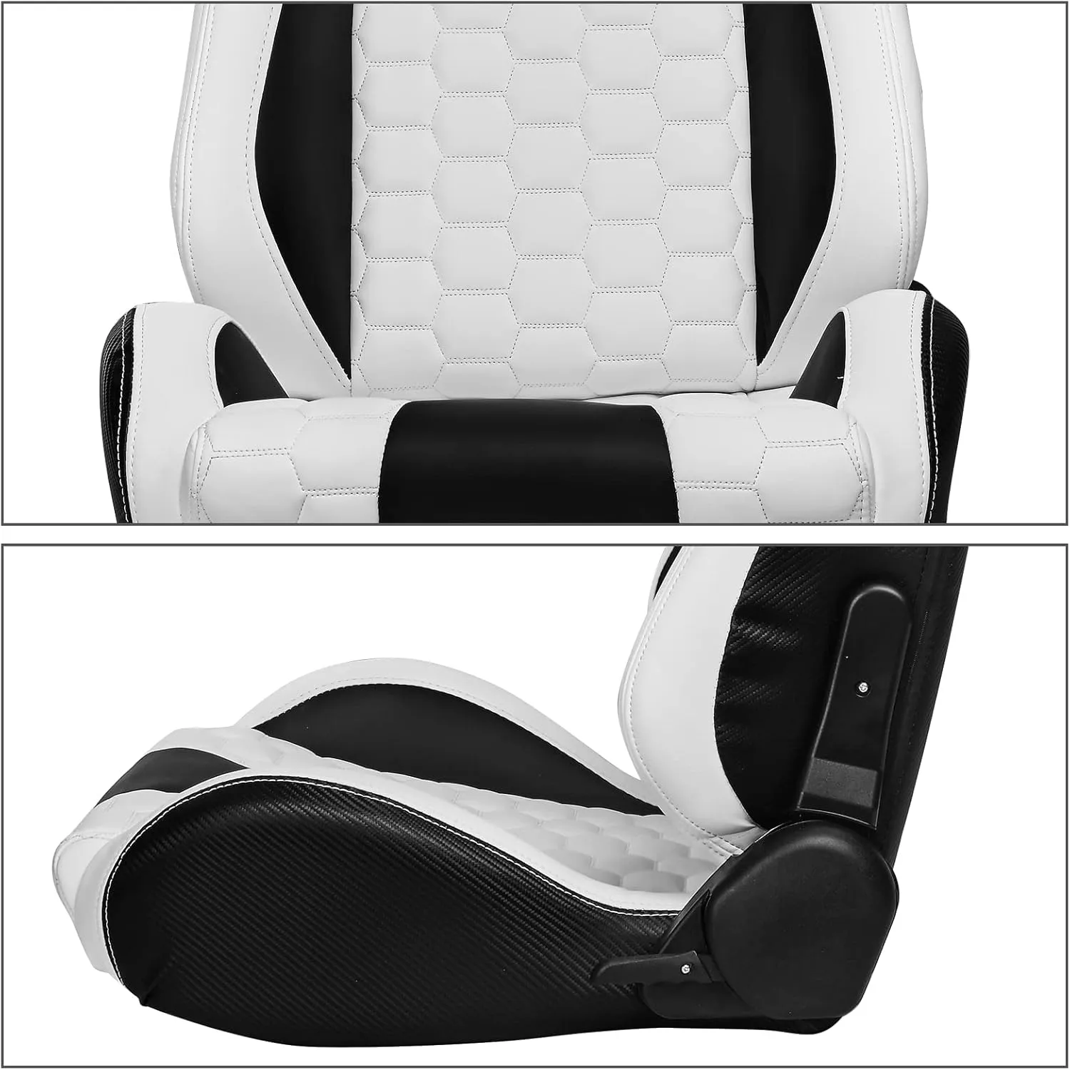 IKON MOTORSPORTS, Universal Racing Seats with Dual Sliders, Reclinable White & Black PU   Carbon Leather with Hexagonal Quilting Sport Bucket Seats, 1 Pair Driver   Passenger Side