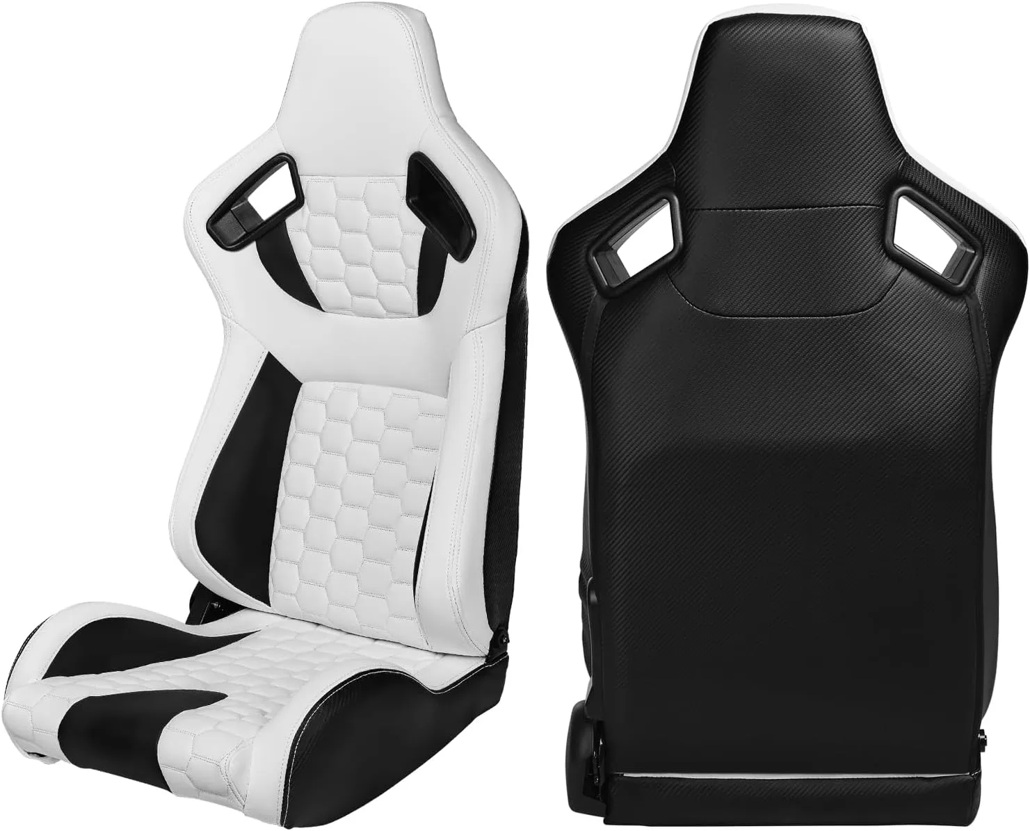 IKON MOTORSPORTS, Universal Racing Seats with Dual Sliders, Reclinable White & Black PU   Carbon Leather with Hexagonal Quilting Sport Bucket Seats, 1 Pair Driver   Passenger Side
