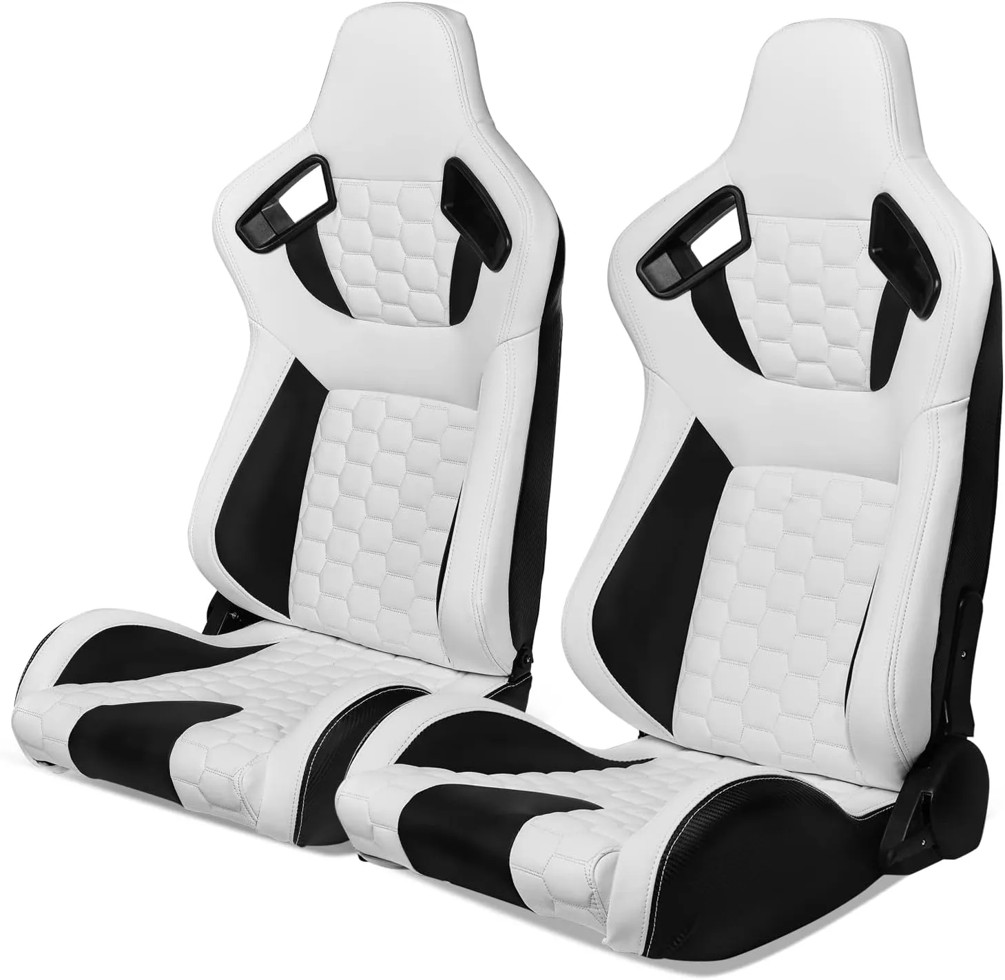 IKON MOTORSPORTS, Universal Racing Seats with Dual Sliders, Reclinable White & Black PU   Carbon Leather with Hexagonal Quilting Sport Bucket Seats, 1 Pair Driver   Passenger Side