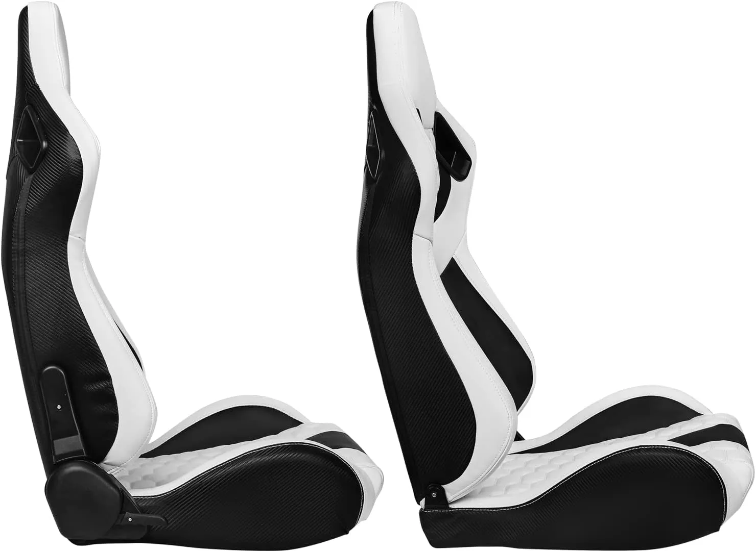 IKON MOTORSPORTS, Universal Racing Seats with Dual Sliders, Reclinable White & Black PU   Carbon Leather with Hexagonal Quilting Sport Bucket Seats, 1 Pair Driver   Passenger Side