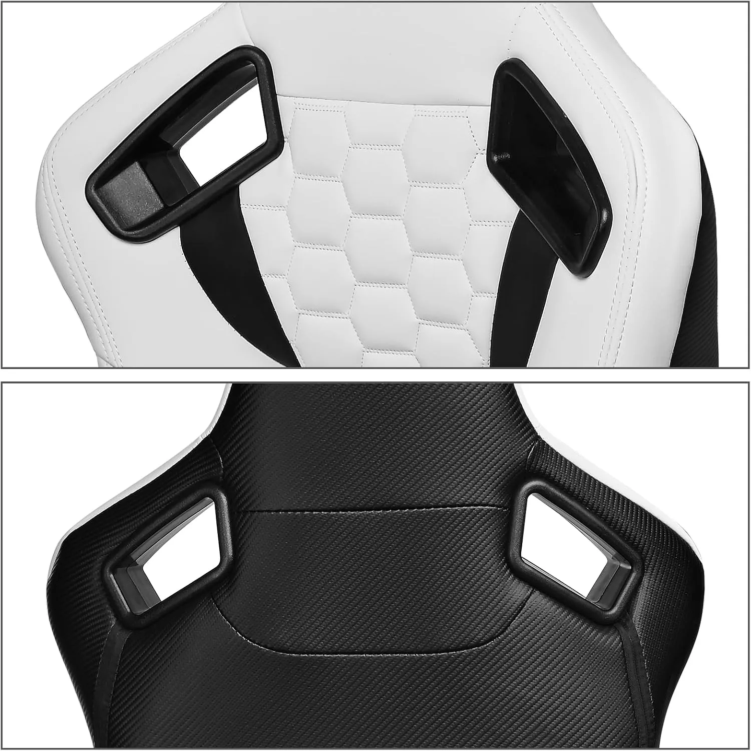IKON MOTORSPORTS, Universal Racing Seats with Dual Sliders, Reclinable White & Black PU   Carbon Leather with Hexagonal Quilting Sport Bucket Seats, 1 Pair Driver   Passenger Side