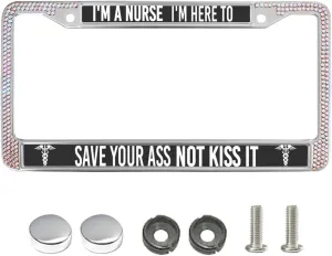 I'm a Nurse to Save Your Ass Diamond License Plate Frame,Funny Nurse Motto Rhinestone License Plate Frame,Nurse Humor Gift Bling License Plate Frame Anti-Theft with Mounting Gift Kit