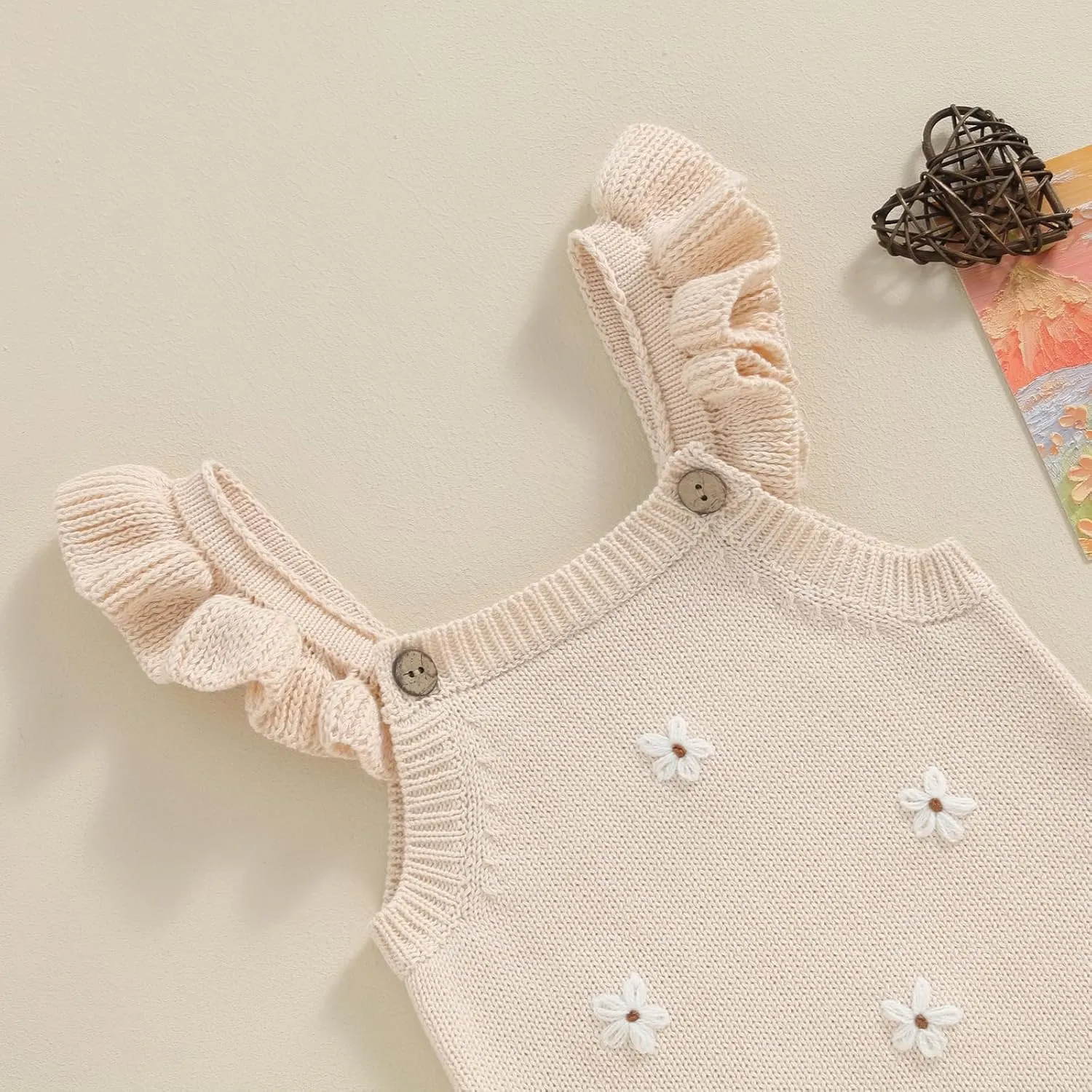 Infant Baby Girl Summer Sleeveless Strap Bubble Romper One Piece Newborn Knitted Floral Bodysuit Outfit