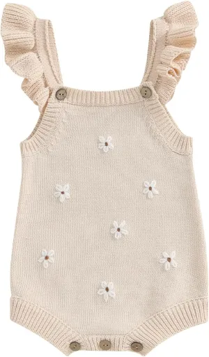 Infant Baby Girl Summer Sleeveless Strap Bubble Romper One Piece Newborn Knitted Floral Bodysuit Outfit