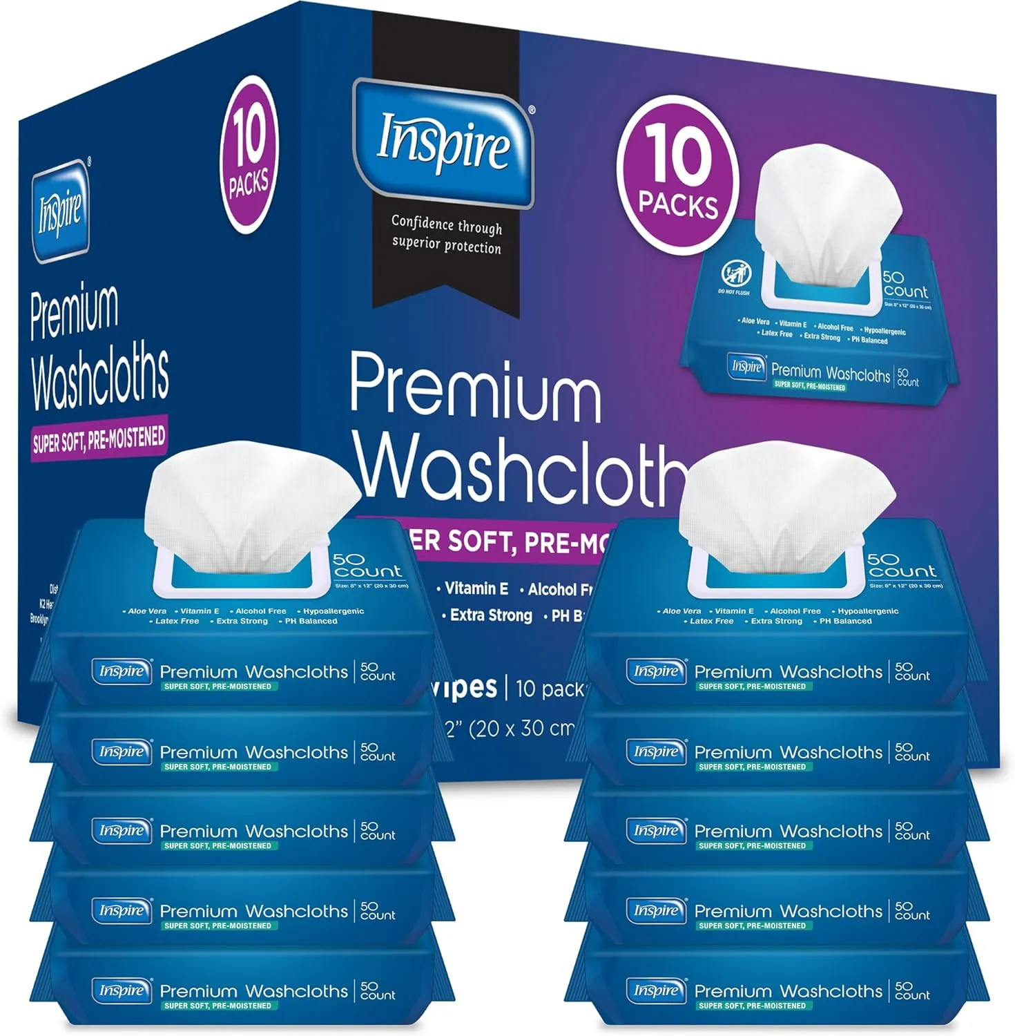 Inspire Adult Wet Wipes, Wash Cloths | Adult Wipes for Incontinence & Cleansing for Elderly, 8"x12" (500CT (10 PACKS OF 50))