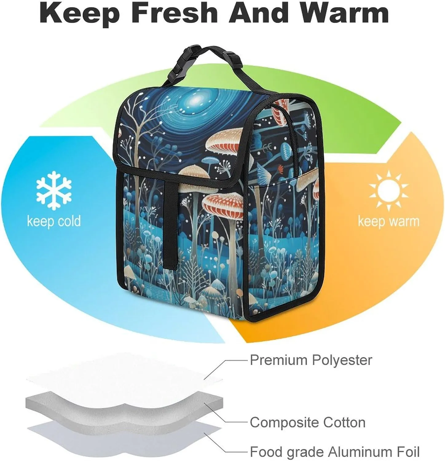 Insulated Lunch Bag for Women Man Lunch Box Fungi And Flowers Lunch Tote Bags for Work