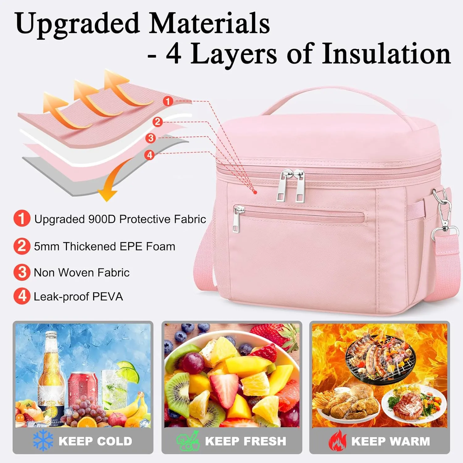 Insulated Lunch Bags for Women Men,Reusable Lunch Box Adult Leak-proof Cooler Bag Lightweight Nylon Waterproof LunchBag for Work Travel Picnic (Pink)
