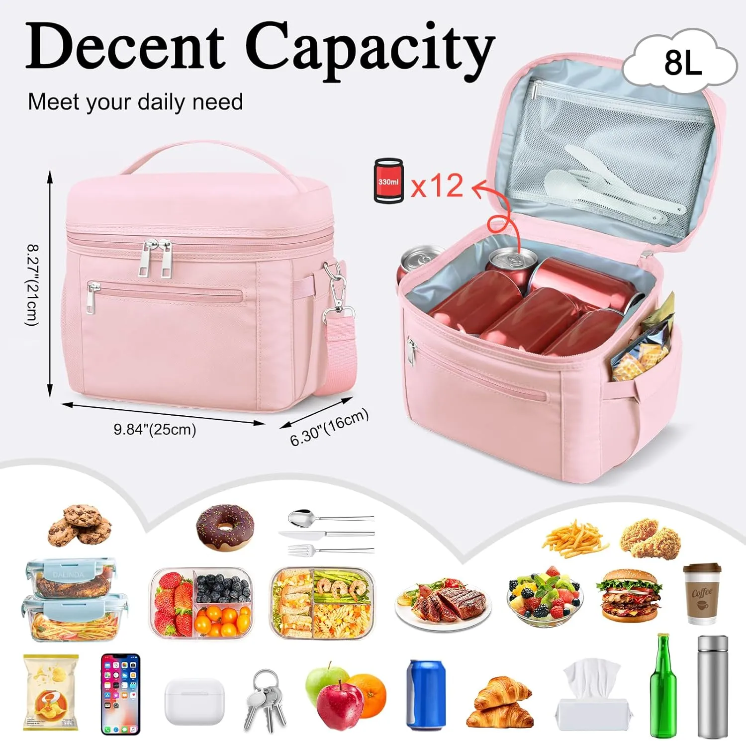 Insulated Lunch Bags for Women Men,Reusable Lunch Box Adult Leak-proof Cooler Bag Lightweight Nylon Waterproof LunchBag for Work Travel Picnic (Pink)