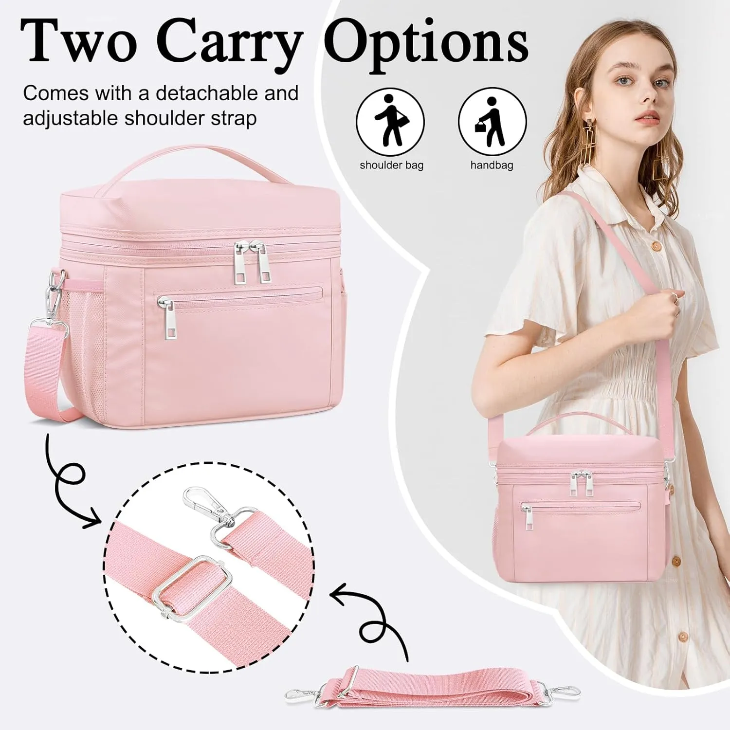 Insulated Lunch Bags for Women Men,Reusable Lunch Box Adult Leak-proof Cooler Bag Lightweight Nylon Waterproof LunchBag for Work Travel Picnic (Pink)