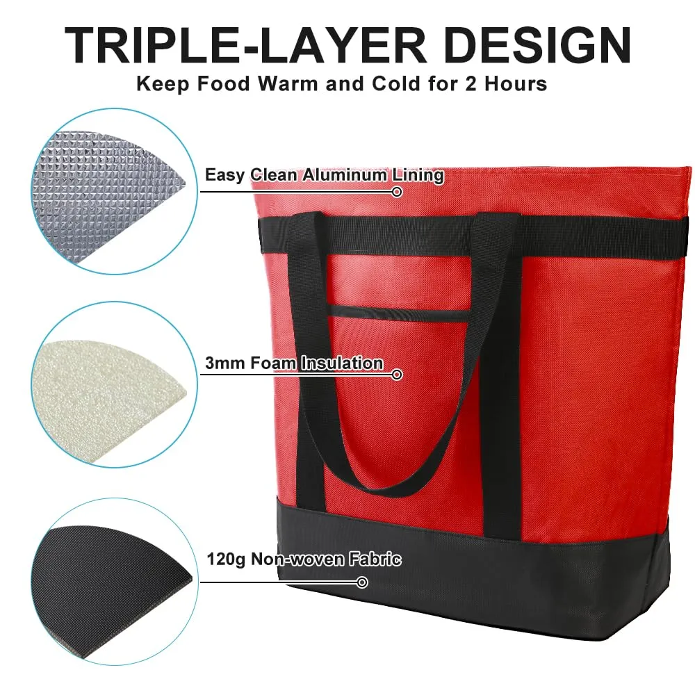 Insulated Reusable Tote Bag for Grocery Shopping for Women, Pizza/Food Delivery Bag to Keep Food Cold/Hot for Uber Eats/Doordash/Grubub, Cooler bags for Travel/Beach/Picnic, Red