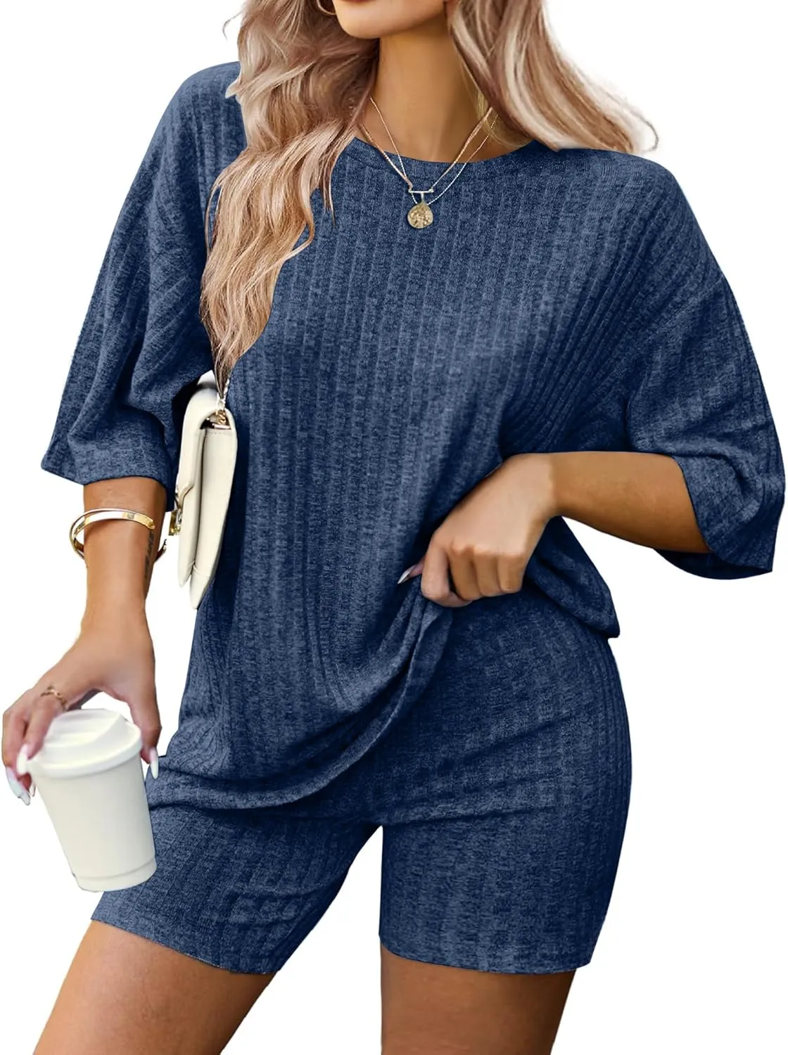 IN'VOLAND Women's Plus Size 2 Piece Tracksuit Outfits Sets Ribbed Knit Sets Short Sleeve Top Drawstring Casual Shorts Set
