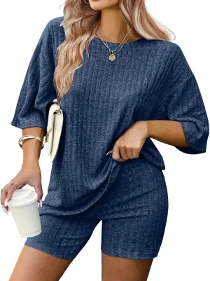 IN'VOLAND Women's Plus Size 2 Piece Tracksuit Outfits Sets Ribbed Knit Sets Short Sleeve Top Drawstring Casual Shorts Set
