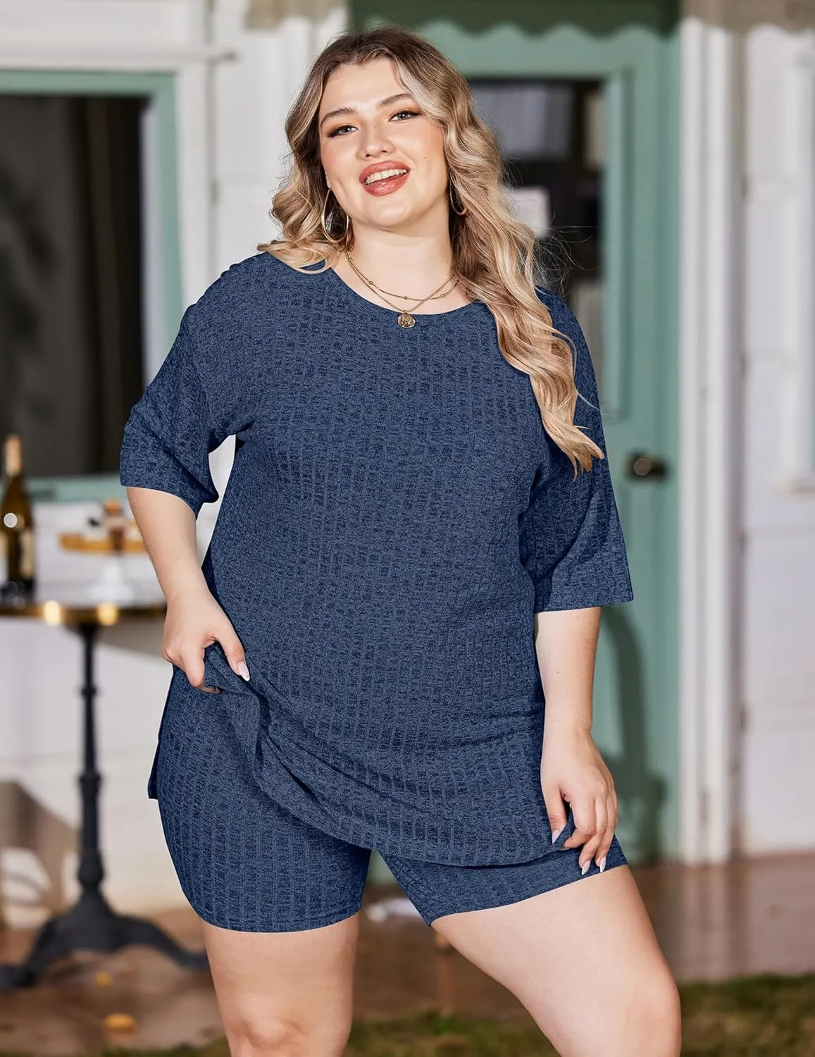IN'VOLAND Women's Plus Size 2 Piece Tracksuit Outfits Sets Ribbed Knit Sets Short Sleeve Top Drawstring Casual Shorts Set