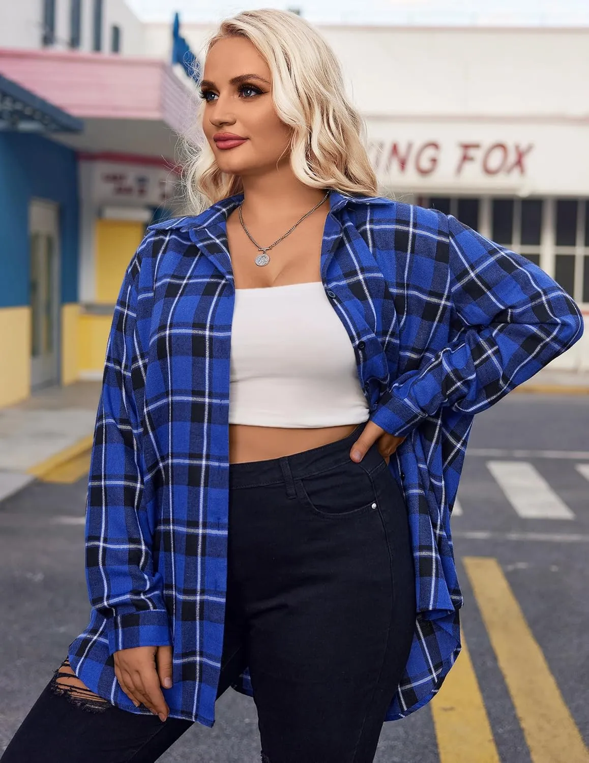 IN'VOLAND Womens Plus Size Flannel Plaid Shirt Roll Up Long Sleeve Mid-Long Button Down Shirts Casual Boyfriend Tops