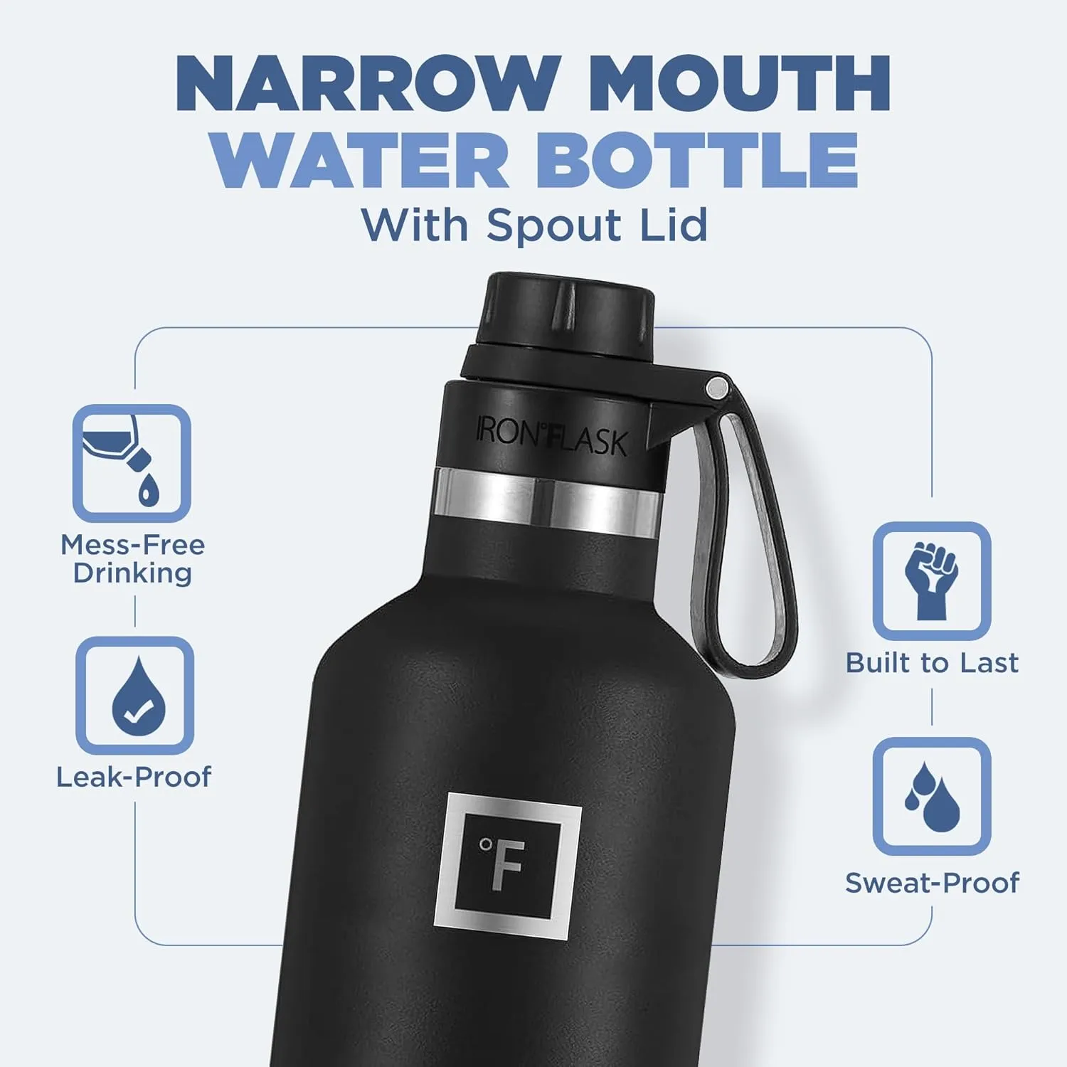 IRON °FLASK Camping & Hiking Hydration Canteens - 3 Lids (Narrow Spout Lid) Leak Proof Vacuum Insulated Stainless Steel - Hot & Cold Double Walled Sports Water Bottle - Dark Night, 32 Oz