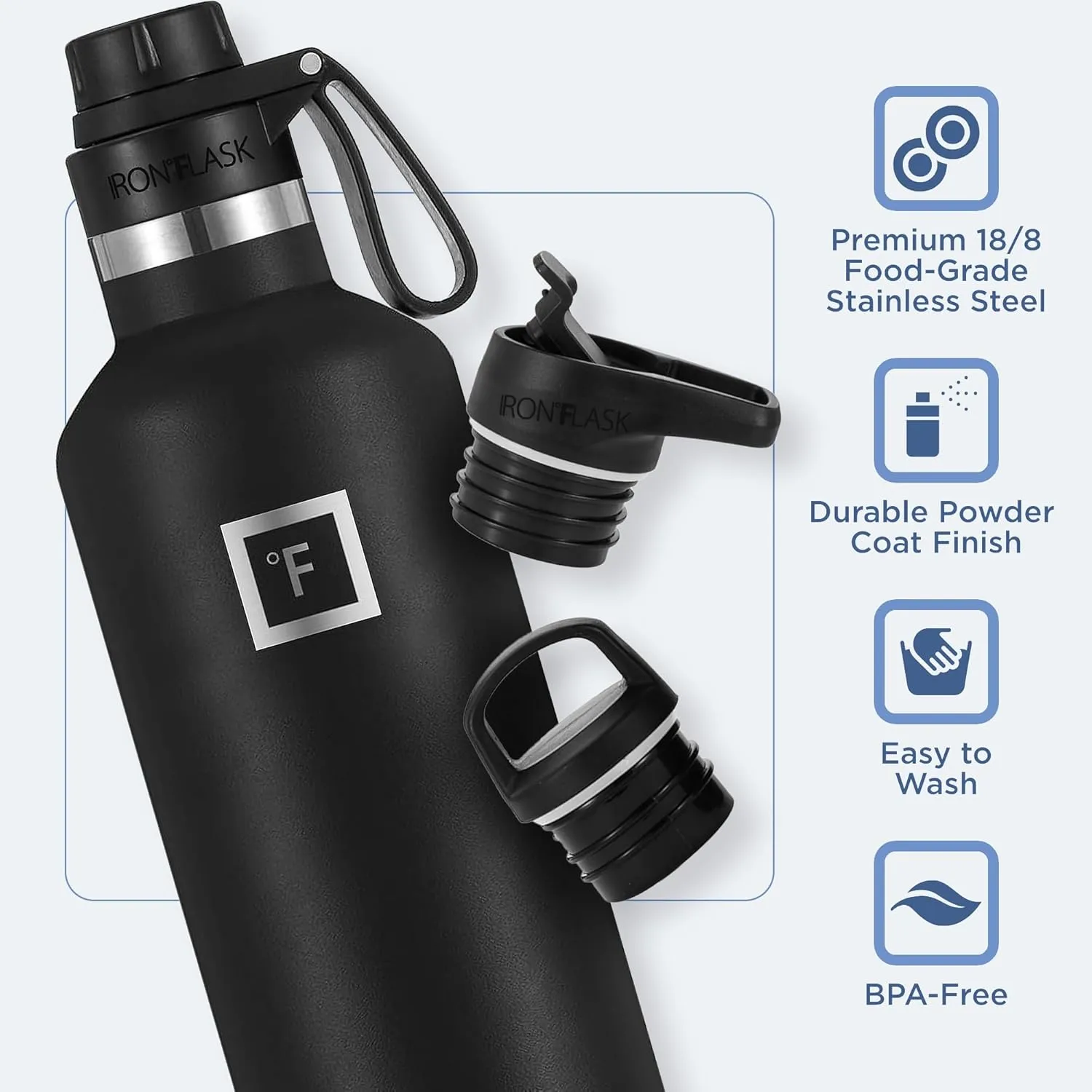 IRON °FLASK Camping & Hiking Hydration Canteens - 3 Lids (Narrow Spout Lid) Leak Proof Vacuum Insulated Stainless Steel - Hot & Cold Double Walled Sports Water Bottle - Dark Night, 32 Oz