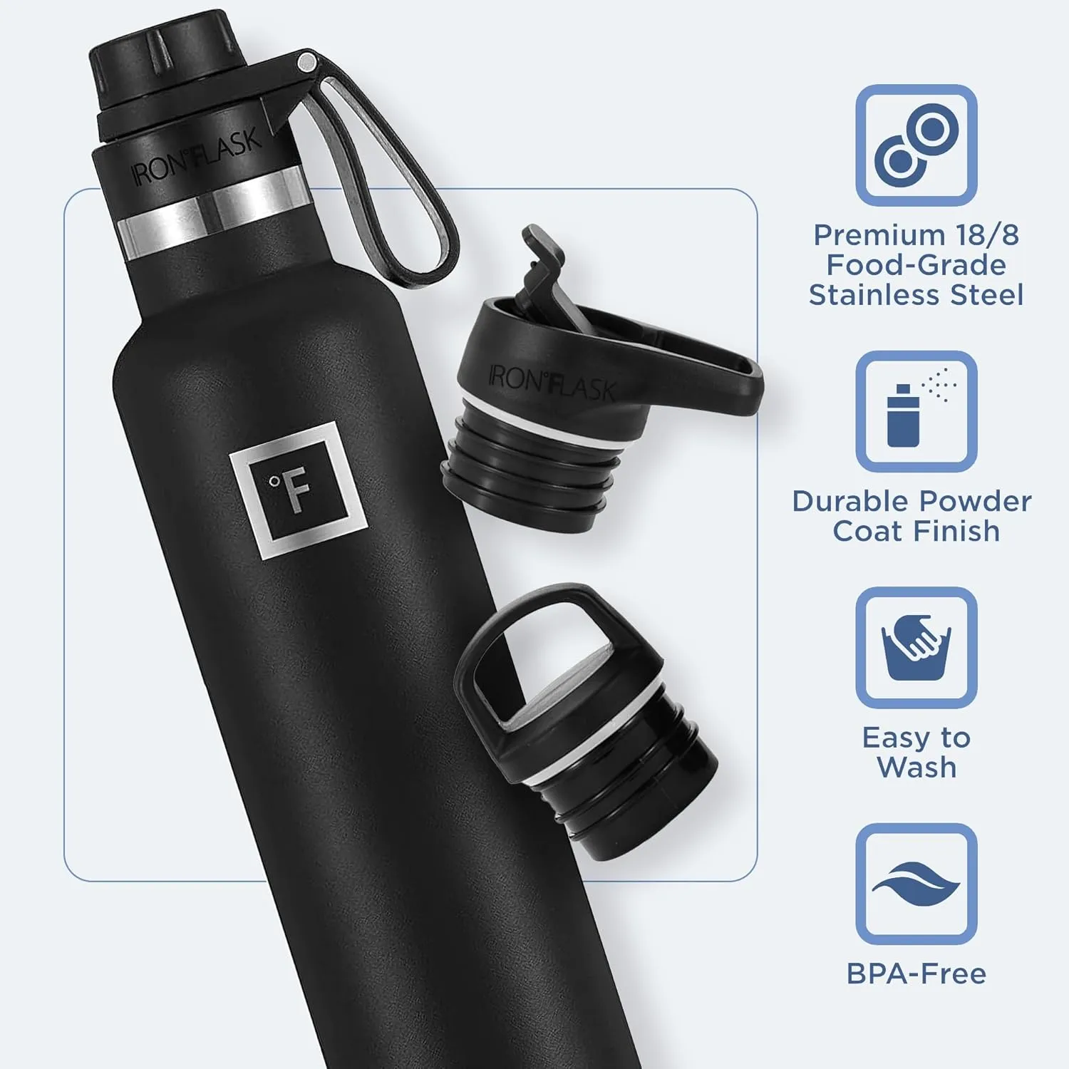 IRON °FLASK Camping & Hiking Hydration Canteens - 3 Lids (Narrow Spout Lid) Leak Proof Vacuum Insulated Stainless Steel - Hot & Cold Double Walled Sports Water Bottle - Twilight Blue, 24 Oz