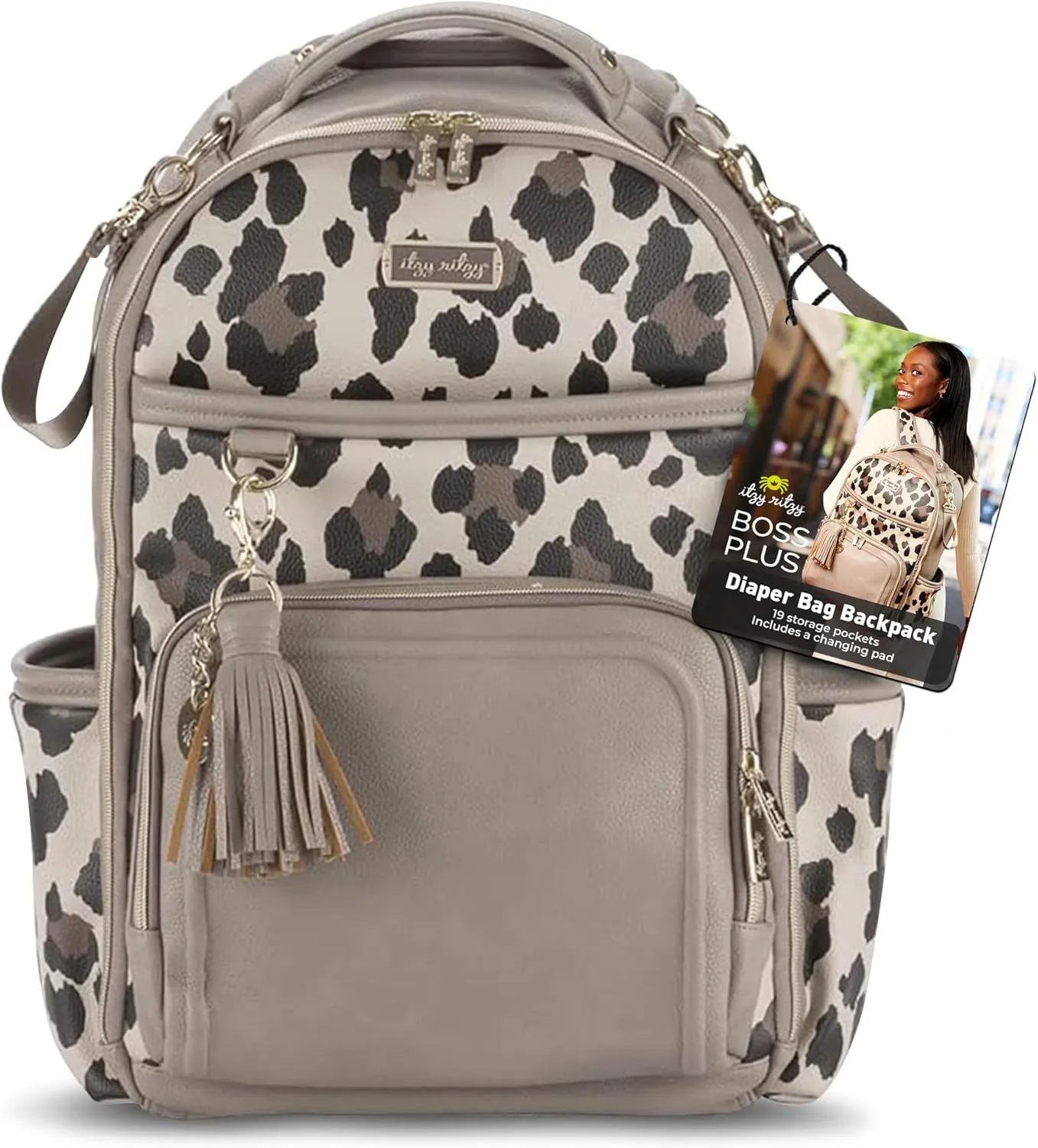 Itzy Ritzy Diaper Bag Backpack – Large Capacity Boss Plus Baby Backpack Diaper Bag Featuring 19 Pockets, Changing Pad, Stroller Clips, and Comfortable Backpack Straps, Leopard