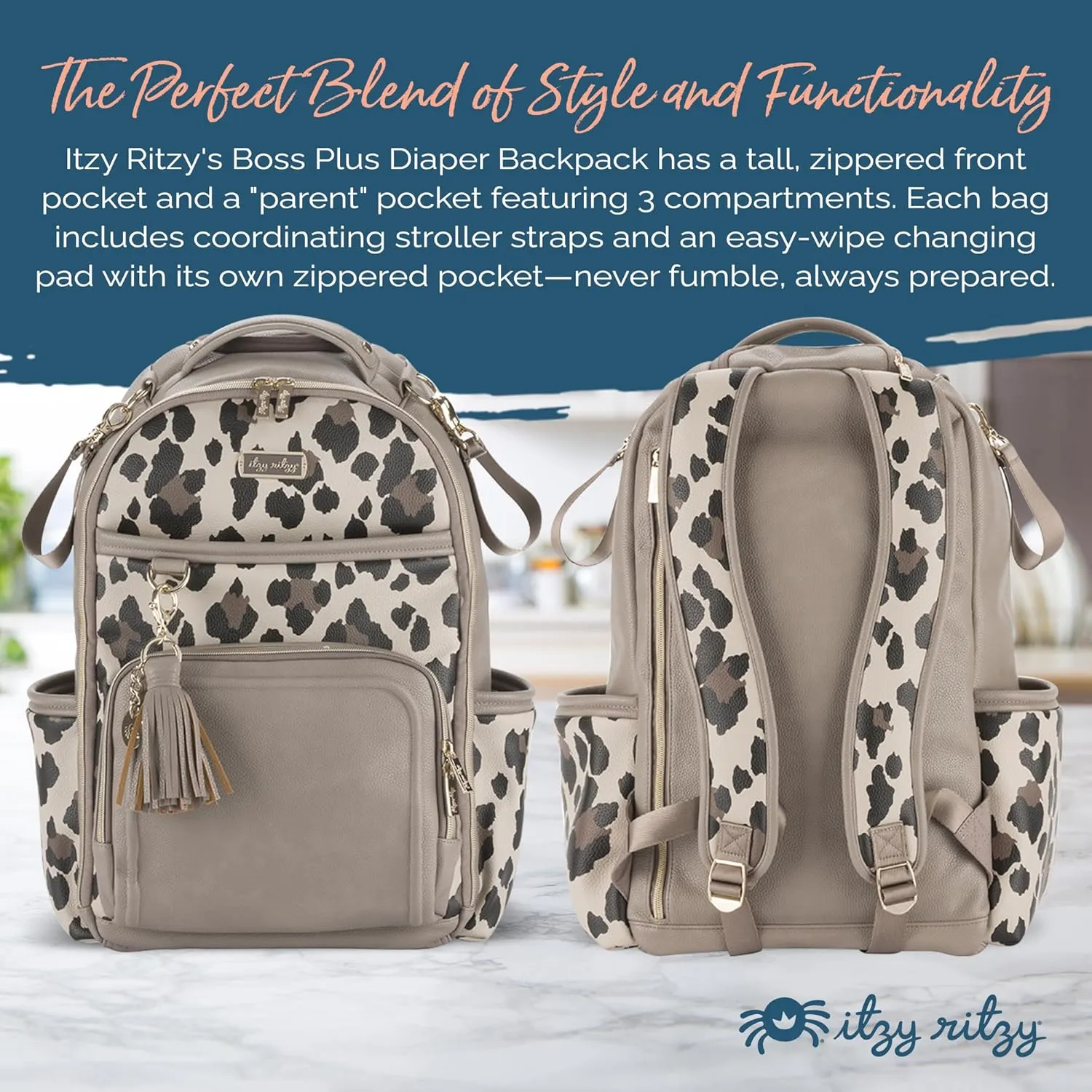 Itzy Ritzy Diaper Bag Backpack – Large Capacity Boss Plus Baby Backpack Diaper Bag Featuring 19 Pockets, Changing Pad, Stroller Clips, and Comfortable Backpack Straps, Leopard