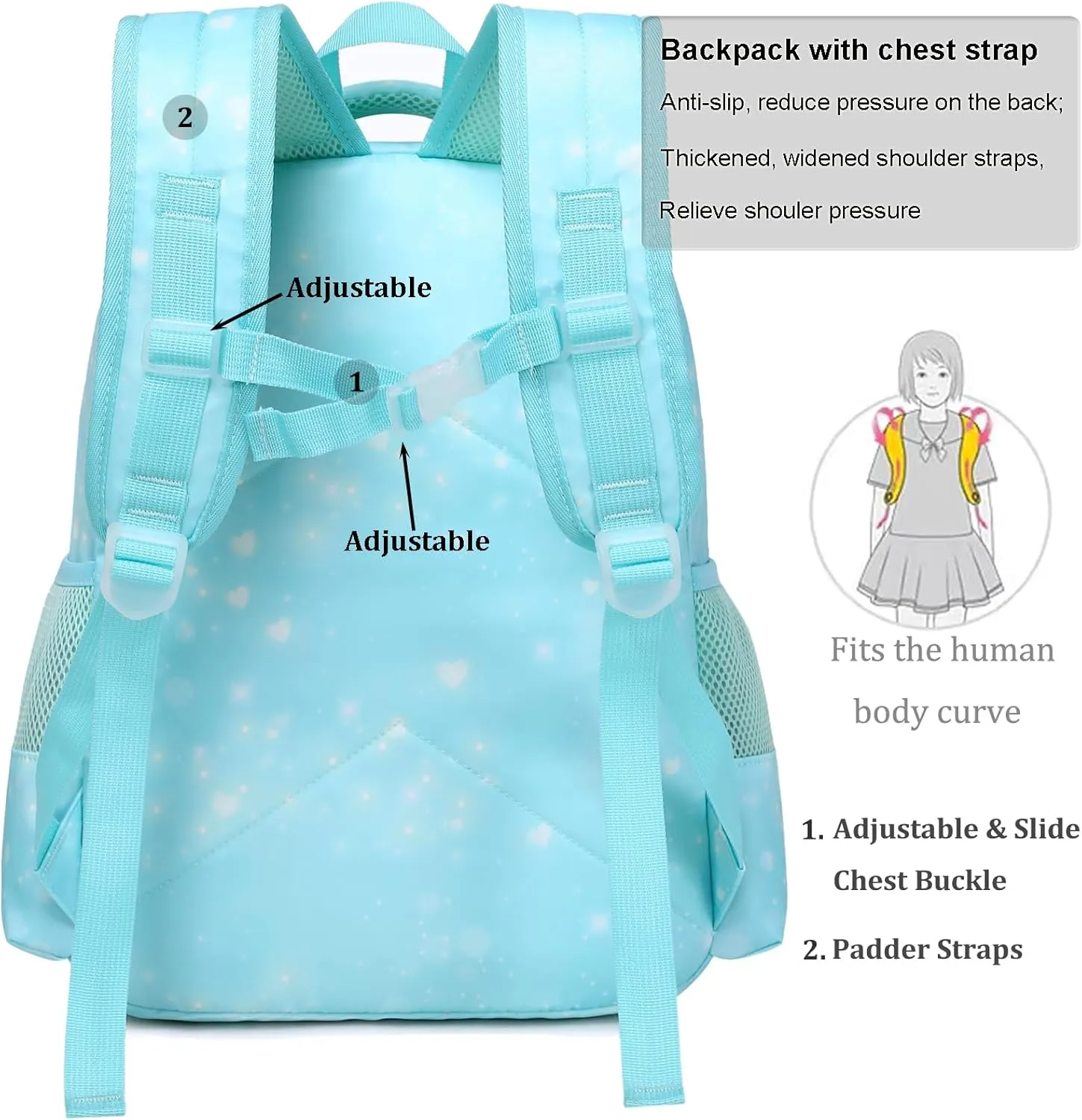 JIANYA Kids Backpack for School Girls, Mermaid School Bag for Kindergarten with Chest Strap, Preschool Elementary Kids Backpack with Lunch Box, Tie Dye Blue
