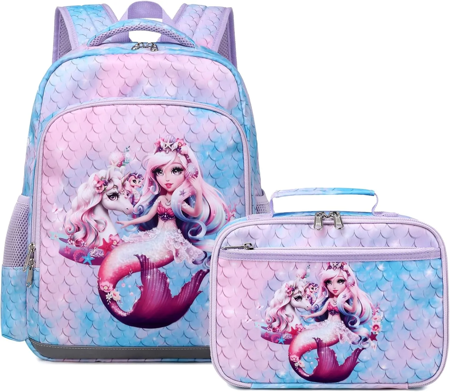 JIANYA Kids Backpack for School Girls, Mermaid School Bag for Kindergarten with Chest Strap, Preschool Elementary Kids Backpack with Lunch Box, Tie Dye Blue