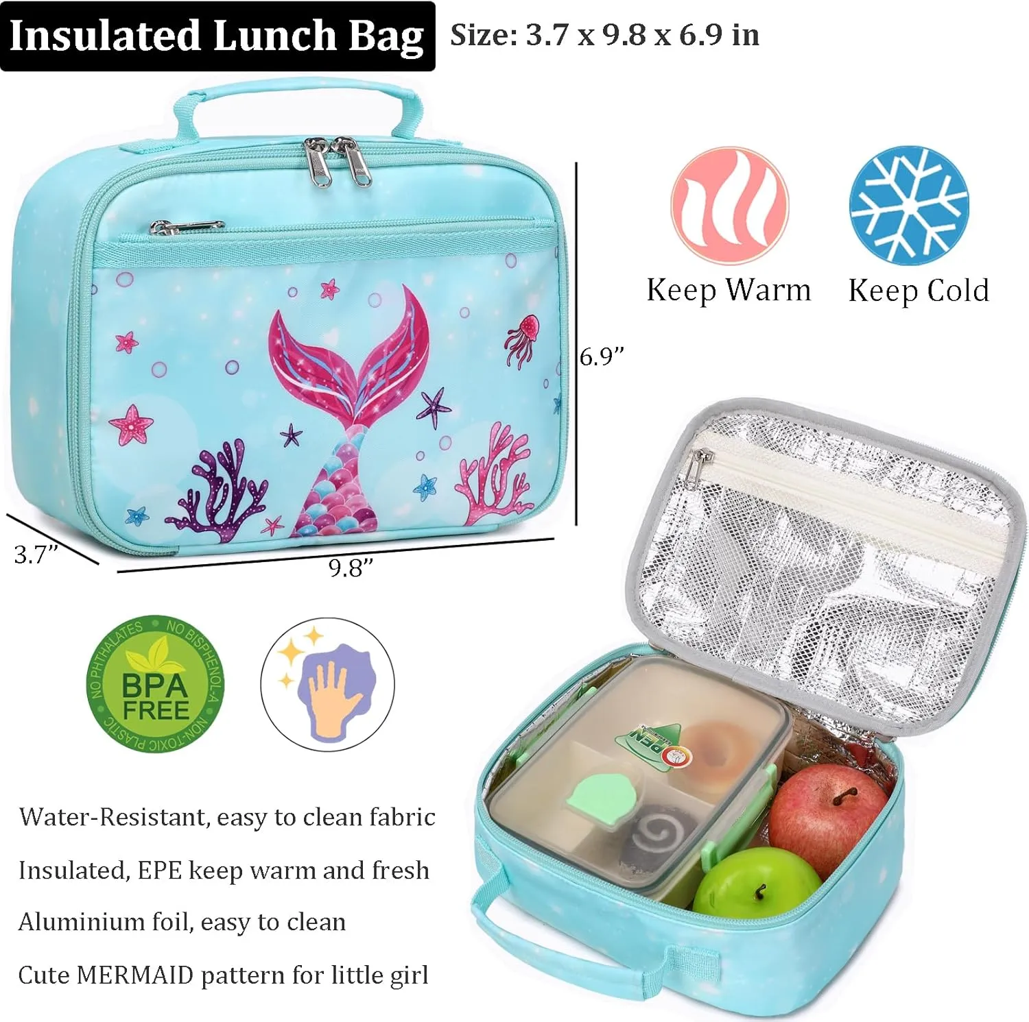 JIANYA Kids Backpack for School Girls, Mermaid School Bag for Kindergarten with Chest Strap, Preschool Elementary Kids Backpack with Lunch Box, Tie Dye Blue